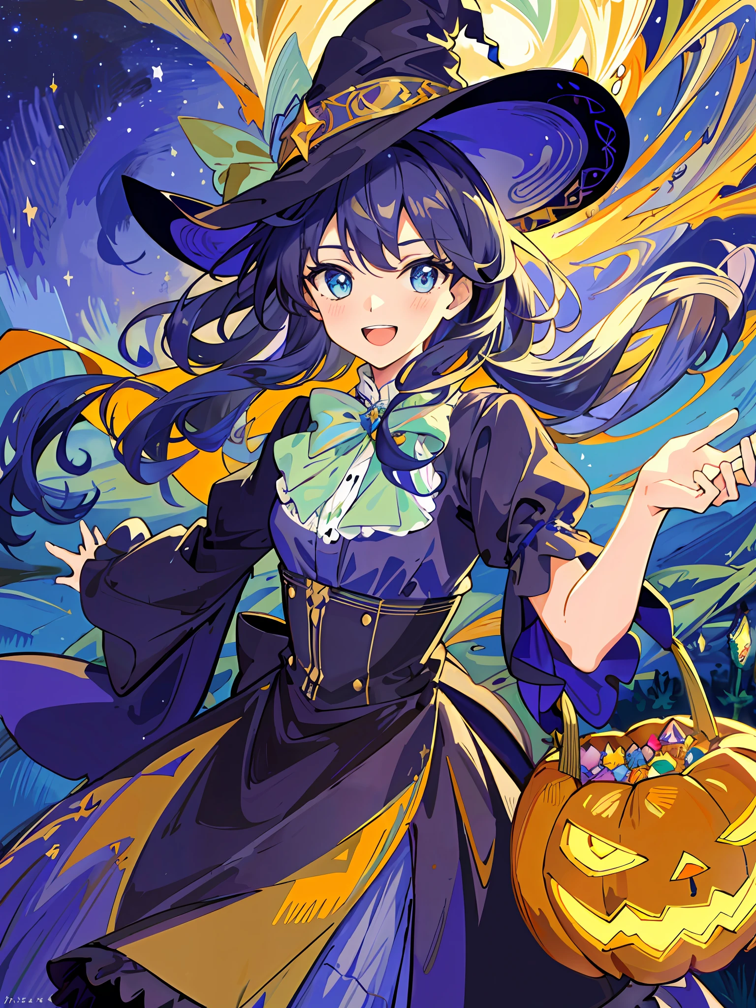 ((masterpiece:1.2, best quality)), 1girl, solo, (witch hat), a close up of a girl with curly hair, dress, aurora, night, star (sky), gloves, sky, dress, night sky, open mouth, starry sky, light blue eyes, ribbons, smile, cape, colorful hair, magic, casting spell, night, (impressionism:1.4), alphonse mucha, Halloween colors, colorful candy, magical lights, pumpkins, candies