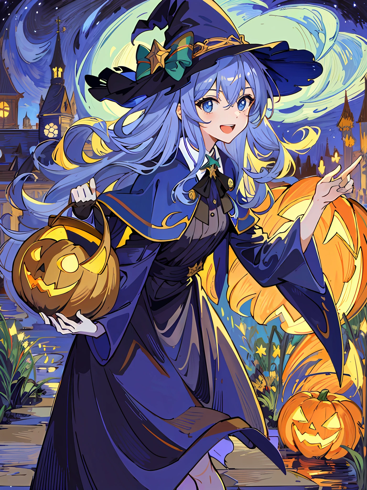 ((masterpiece:1.2, best quality)), 1girl, solo, (witch hat), a close up of a girl with curly hair, dress, aurora, night, star (sky), gloves, sky, dress, night sky, open mouth, starry sky, light blue eyes, ribbons, smile, cape, colorful hair, magic, casting spell, night, (impressionism:1.4), alphonse mucha, Halloween colors, colorful candy, magical lights, pumpkins, candies