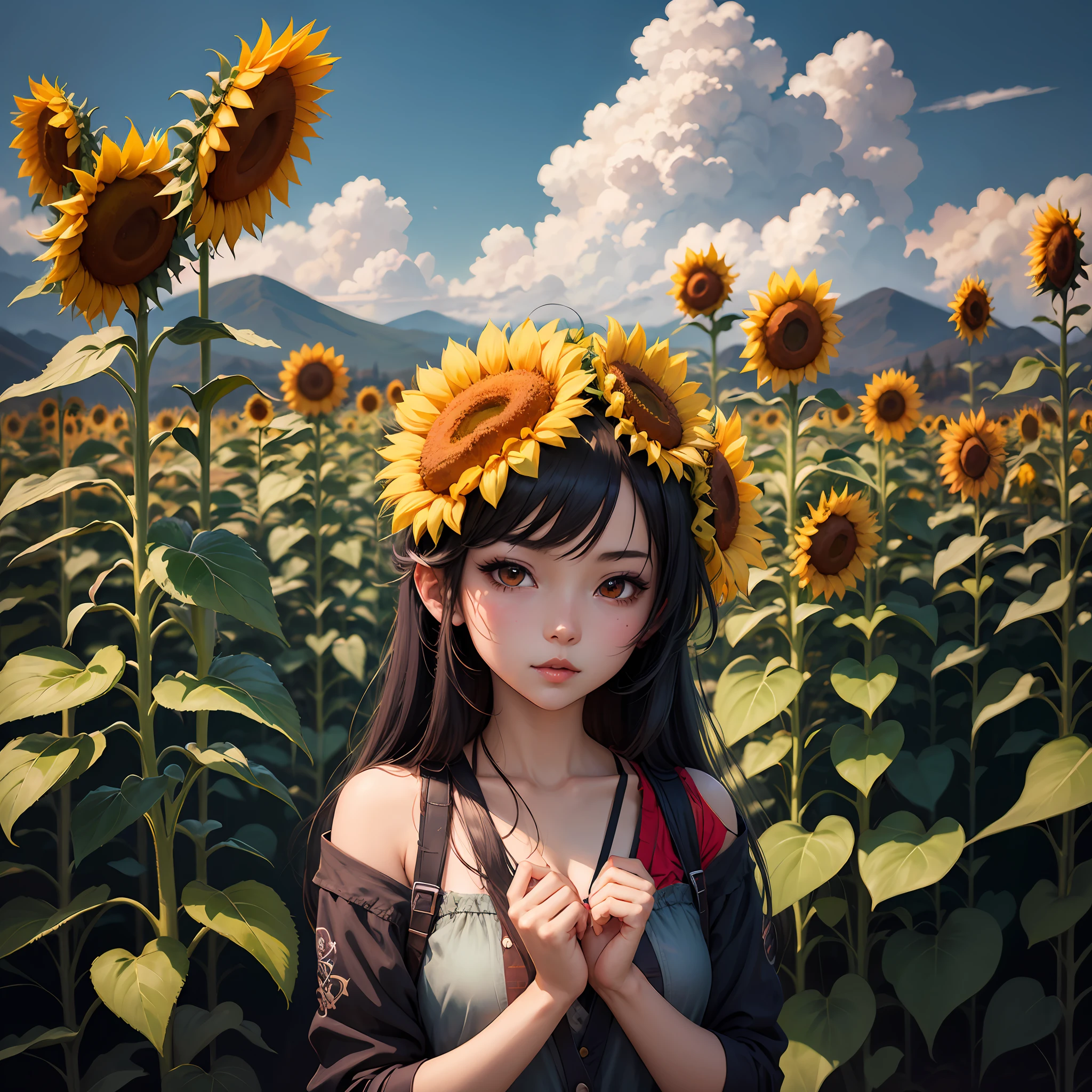 anime girl with sunflowers in her hair standing in a field, beautiful sunflower anime girl, anime style 4 k, artwork in the style of guweiz, anime art wallpaper 8 k, anime art wallpaper 4k, anime art wallpaper 4 k, detailed digital anime art, anime style. 8k, 4k anime wallpaper, anime wallpaper 4k, anime wallpaper 4 k