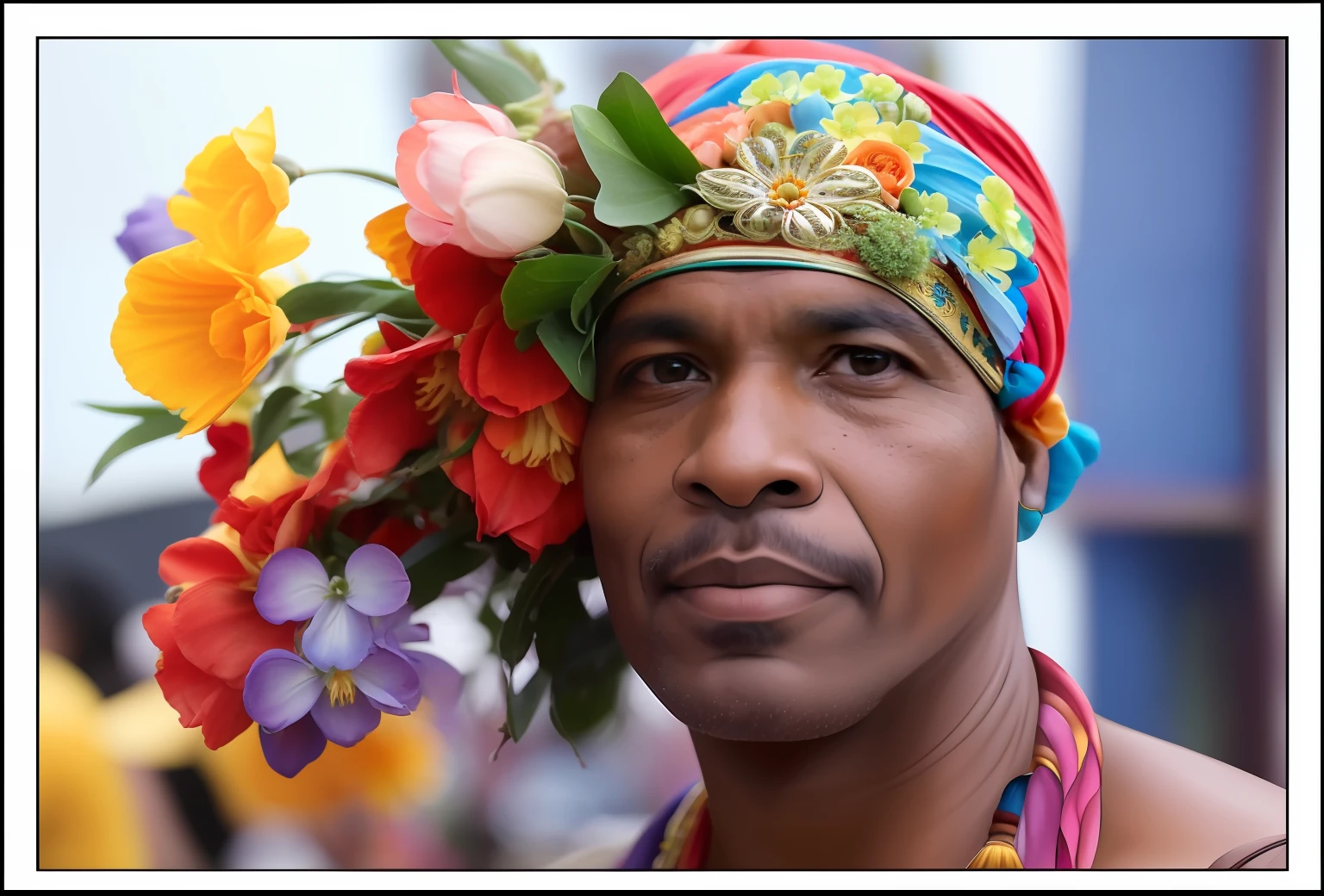 there is a man with a colorful head piece and flowers on his head, turban of flowers, flower shaman, turban of vibrant flowers, flowers on heir cheeks, beautiful man, inspired by Candido Bido, afro made of flowers, shot on nikon d 3 2 0 0, elaborately costumed, indigenous man, in profile, peruvian looking, by Robert Brackman --auto