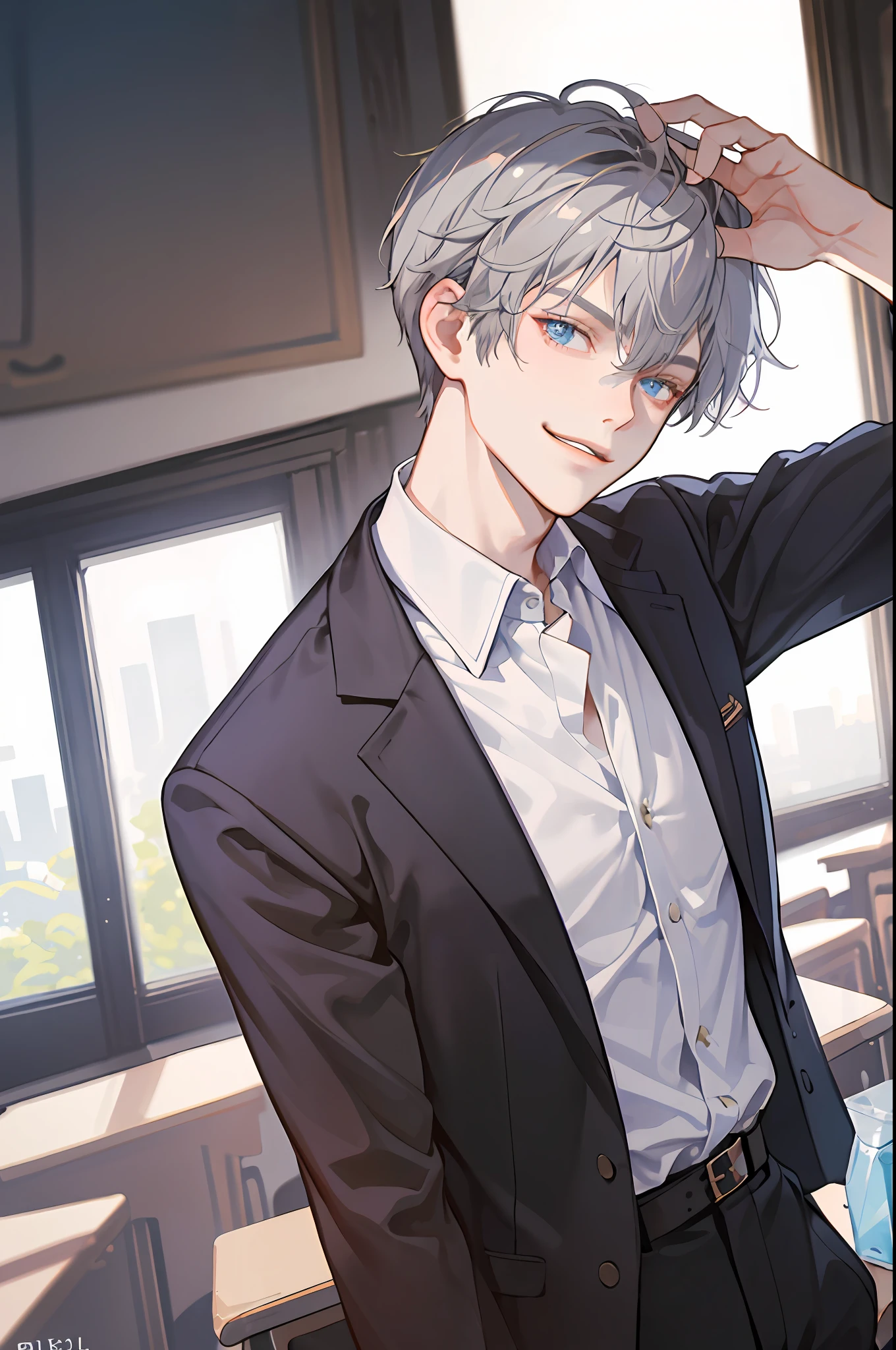 ((Masterpiece: 1.2, top quality)), (handsome: 1.4), best quality, 1man, short hair, hair trimmed short, very short hair tousled back, comma bangs, handsome student, solo, trendy, grey hair, icy blue eyes, lean body, tall body, skinny, masculine, alpha male, clean shaven face, broad shoulders, tiny waist, modern, man wears korean school uniform, sophisticated uniform, brown trousers, blue shirt, dark blue blazer, student council badge, half body shot, CG 8k, high school student, smirking, perfect anatomy, correct limbs, looking at viewer, in school classroom