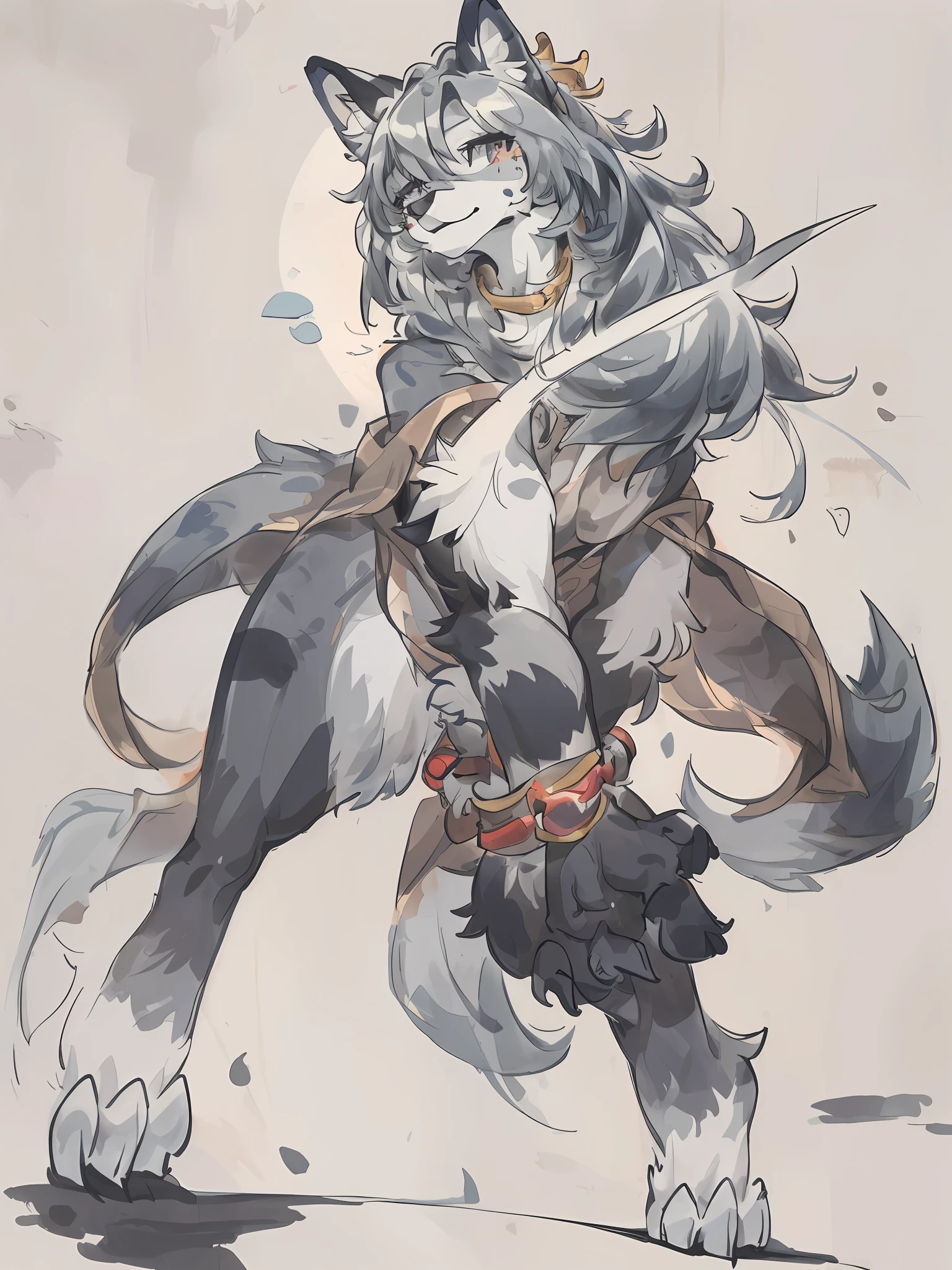 (top quality, High-quality illustrations, masterpiece) traditional Chinese ink painting, shuimobysim, badashanren:0.85, Shukezouma:0.75(highly detailed beautiful face and eyes)absurdres, perfect anatomy(1girl, kemono, solo focus)(furry)(furry anthro:1.7)(Furry body, dog facial features, dog body features)(very detailed body fur)full body, dynamic pose, grayscale,
