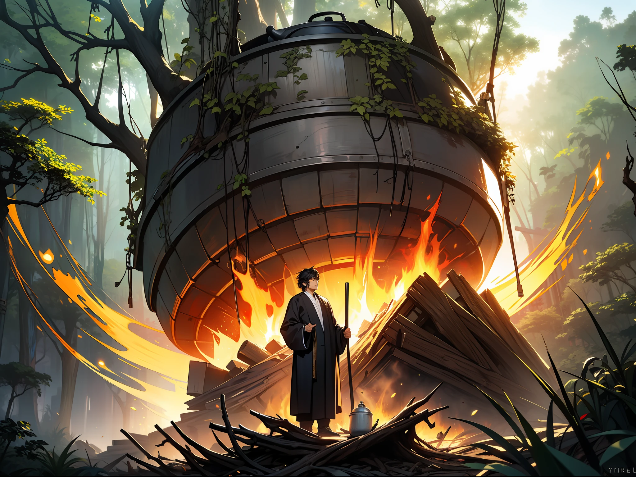 Xiao Zhang, a 30-year-old man, short black hair, ancient black Taoist robe, looking at an exaggerated huge iron pot, a large iron pot 5 meters high, roasted by firewood, the iron pot is full of yellow liquid, jungle background