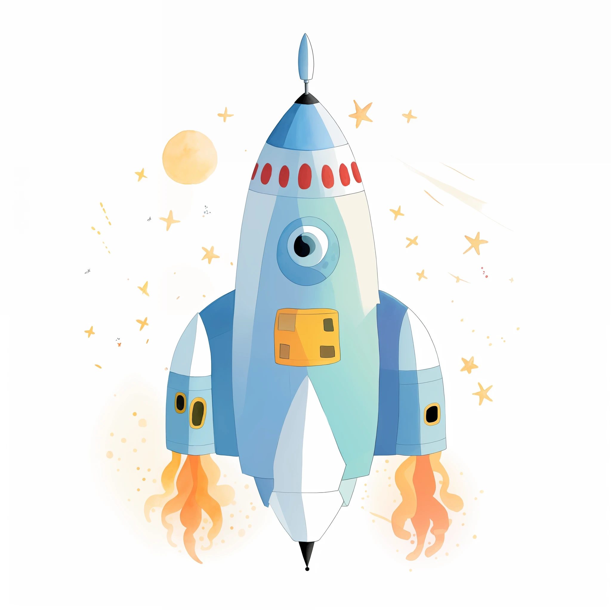 hand-painted rocket in watercolor, children's book illustration style, white background