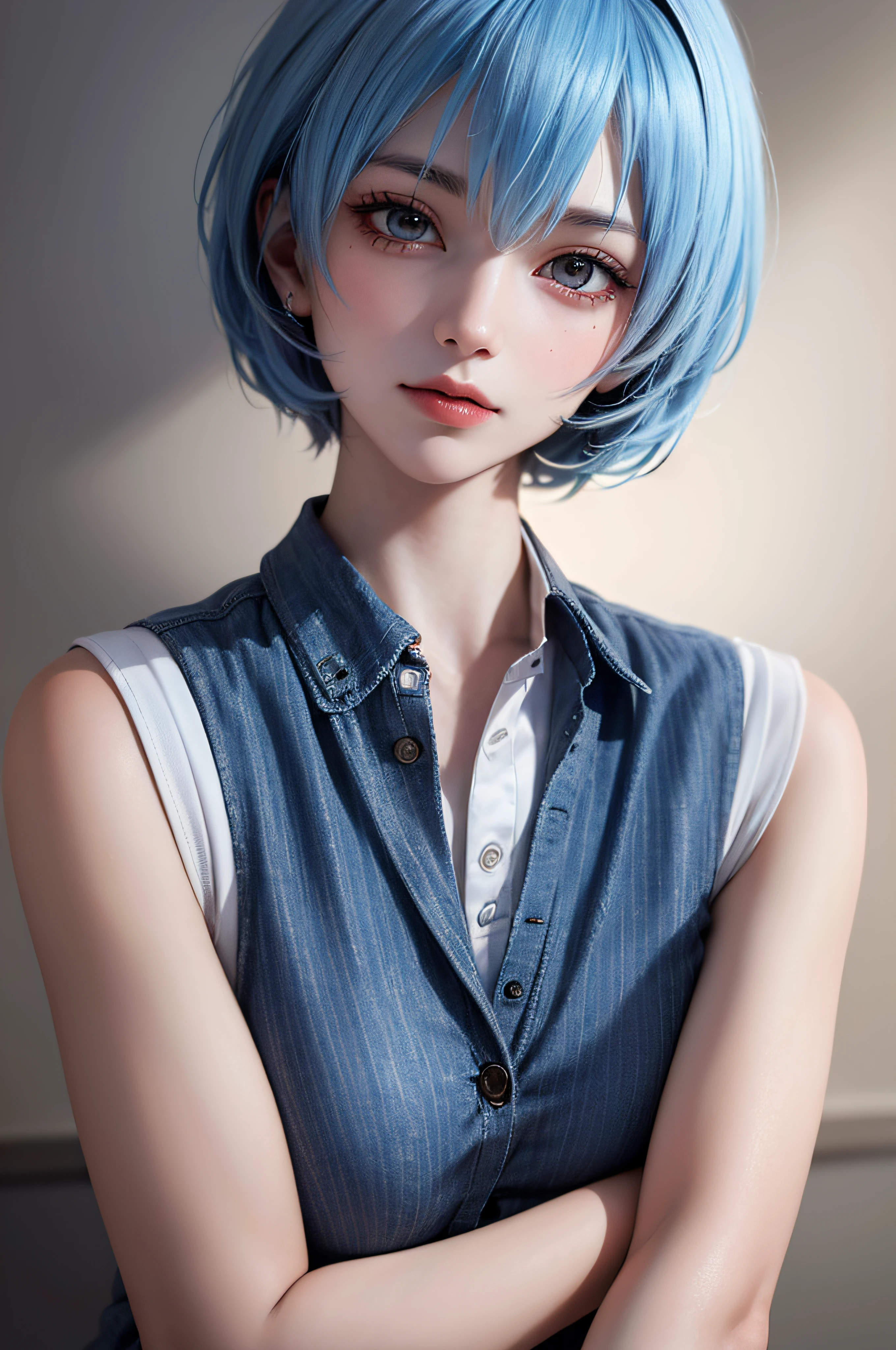 Masterpiece, Best Quality, 8K, Detailed Skin Texture, Detailed Cloth Texture, Beautiful Detail Face, Intricate Detail, Ultra Detailed, Portrait of Rei Ayanami, Blue Hair, Red Eyes, Head Tilt, No Background