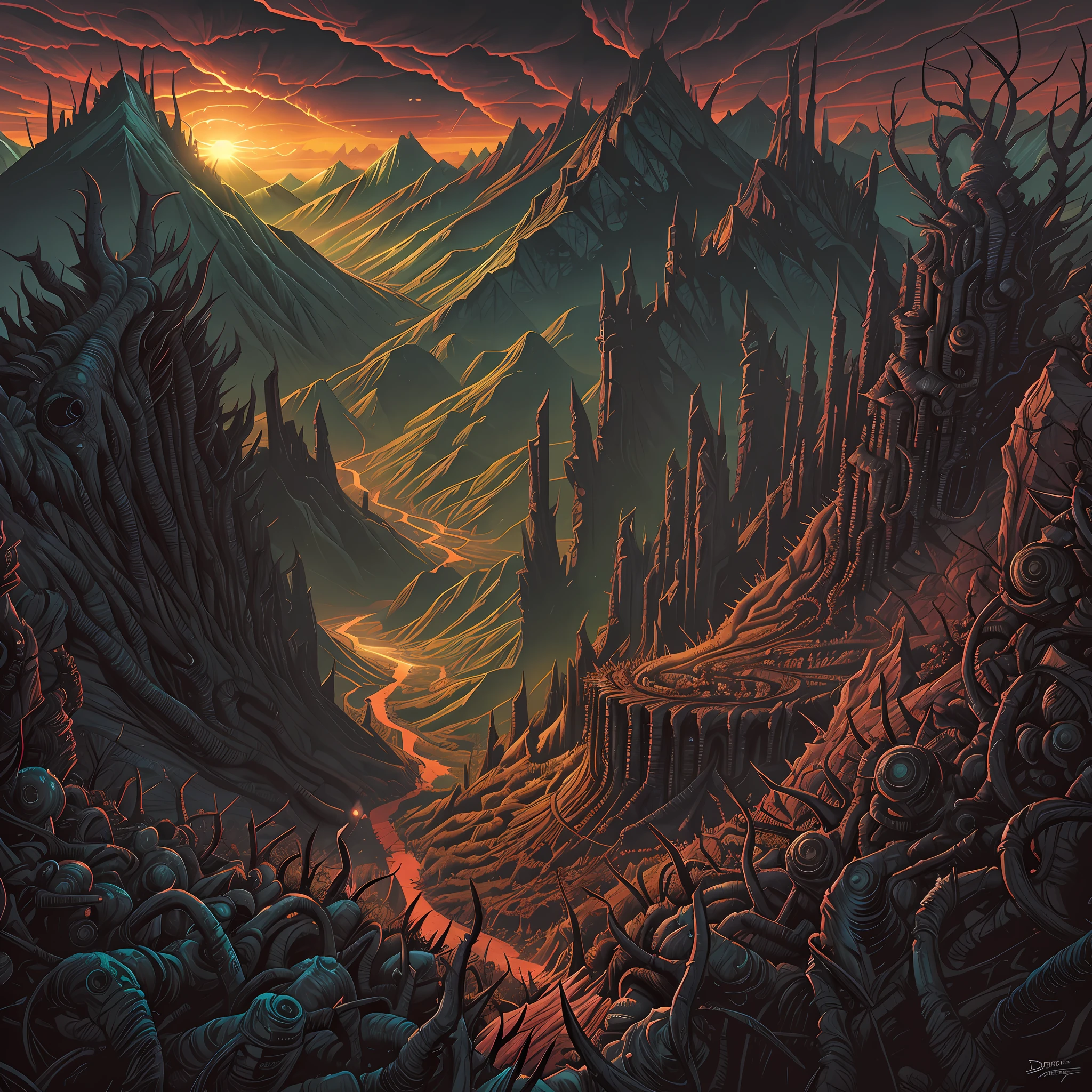 Wide angle, view from the top of the peak, horror art landscape, a valley of biomechanicals structures, futurist horror place, spiked walls, madness, thorns, unreal engine. Horror art, unreal sketch color drawing. Illustration by Dan Seagrave