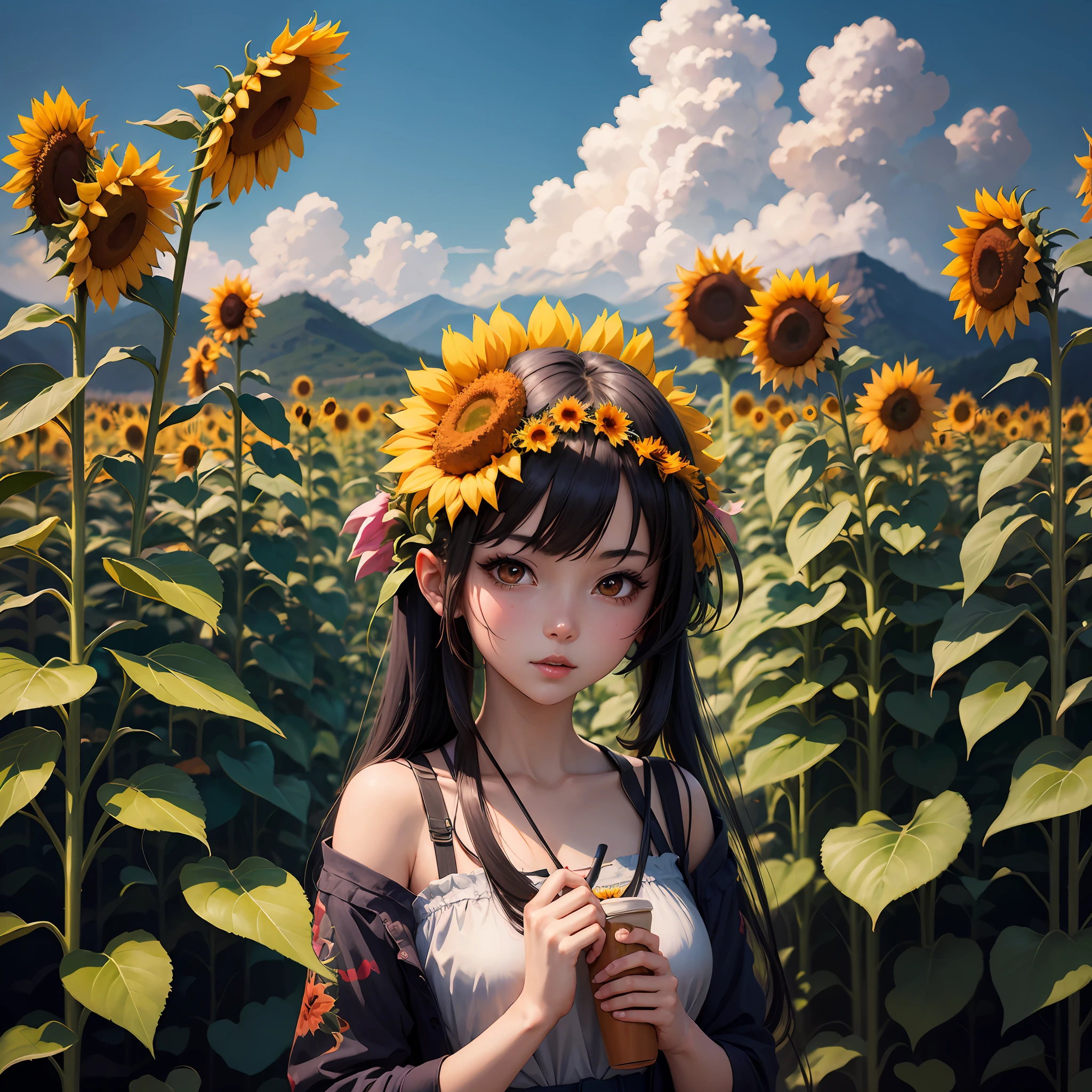 anime girl with sunflowers in her hair standing in a field, beautiful sunflower anime girl, anime style 4 k, artwork in the style of guweiz, anime art wallpaper 8 k, anime art wallpaper 4k, anime art wallpaper 4 k, detailed digital anime art, anime style. 8k, 4k anime wallpaper, anime wallpaper 4k, anime wallpaper 4 k