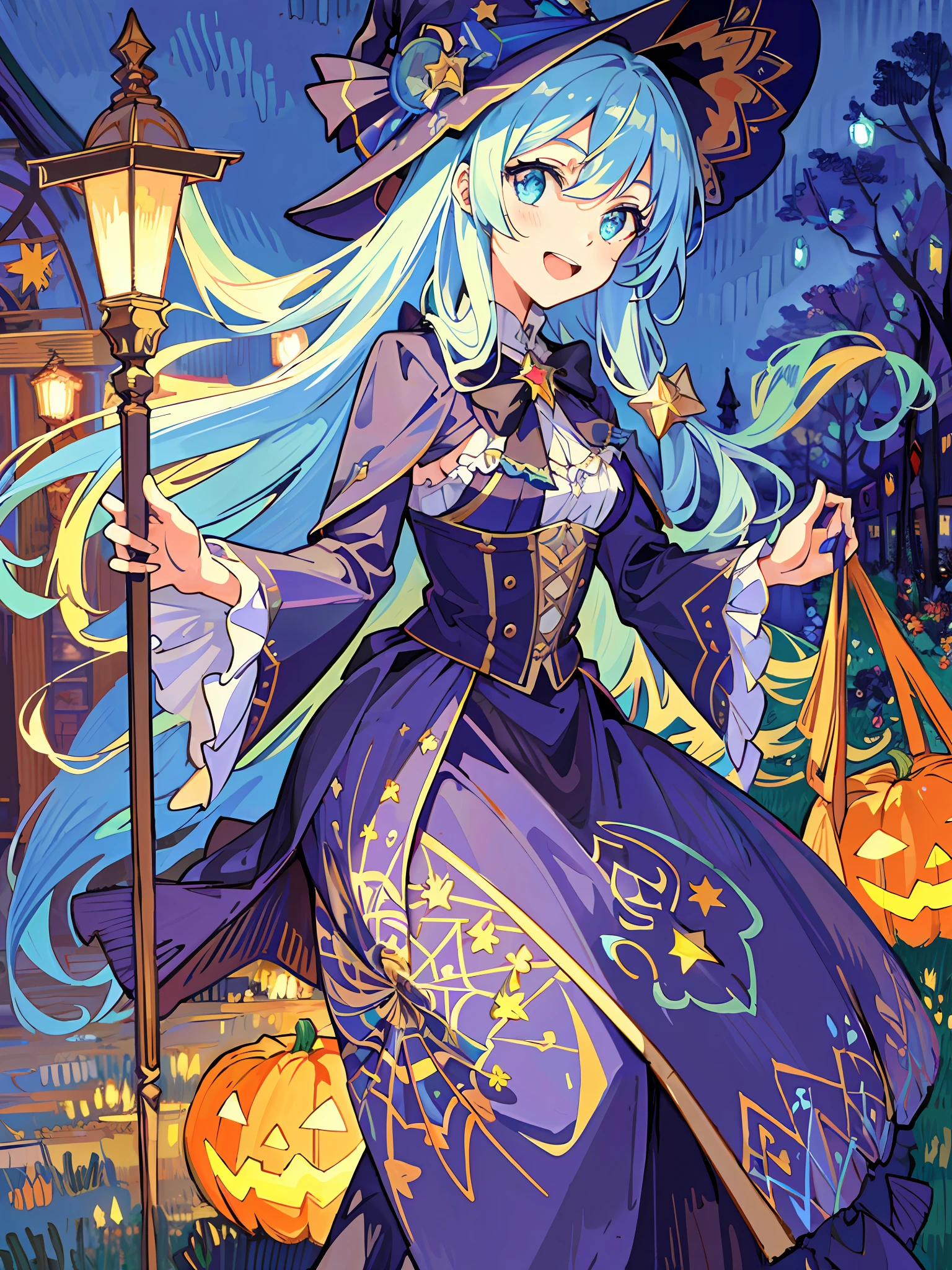 ((masterpiece:1.2, best quality)), 1girl, solo, (witch hat), a close up of a girl with curly hair, dress, aurora, night, star (sky), gloves, sky, dress, night sky, open mouth, starry sky, light blue eyes, ribbons, smile, cape, colorful hair, magic, casting spell, night, (impressionism:1.4), alphonse mucha, Halloween colors, colorful candy, magical lights, pumpkins, candies