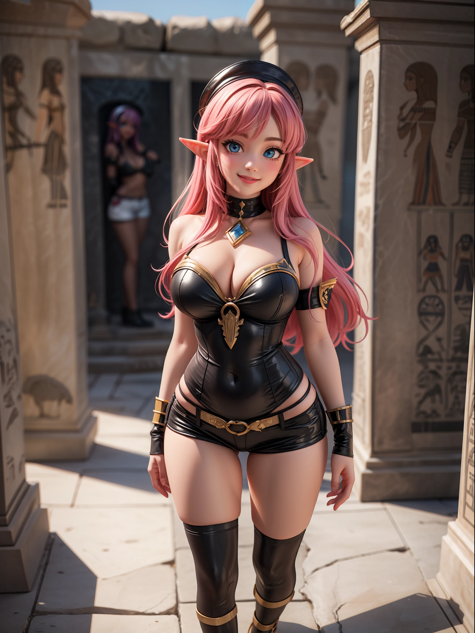 ((Full body, standing):1.5), Princess Zelda: wearing extremely tight-fitting black maid outfit, with short white shorts, extremely large breasts, pink hair, blue eyes, posing erotic, smiling and looking at viewer , in an Egyptian tomb filled with (sarcophagi:1.4). anime, anime, Hyperrealism, Hyperrealism, 16k, ((high quality, high details):1.4), UHD, masterpiece