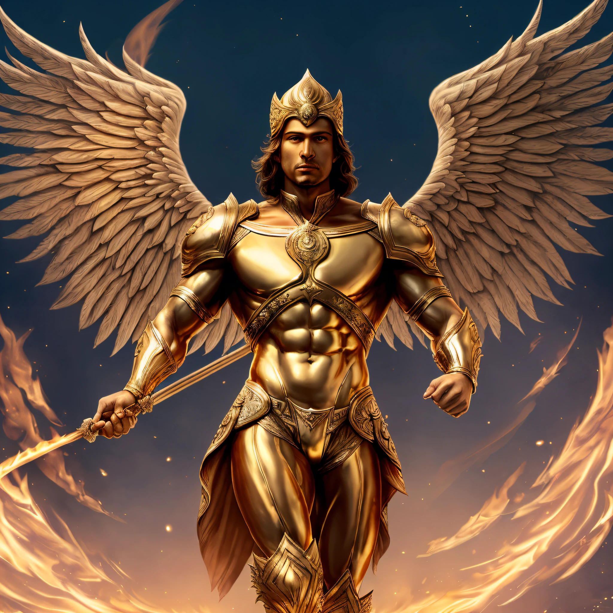 four wings, Latin western face, human, 4 wings, (( dressed white clothes)(with long white));  (dressed in white linen clothing) (with a pure gold belt around the waist).  the skin shiny like topaz; (flickering came out of his face and his (eyes were like torches of fire)); the arms and feet shone like bronze as well; body without muscles, sword of fire