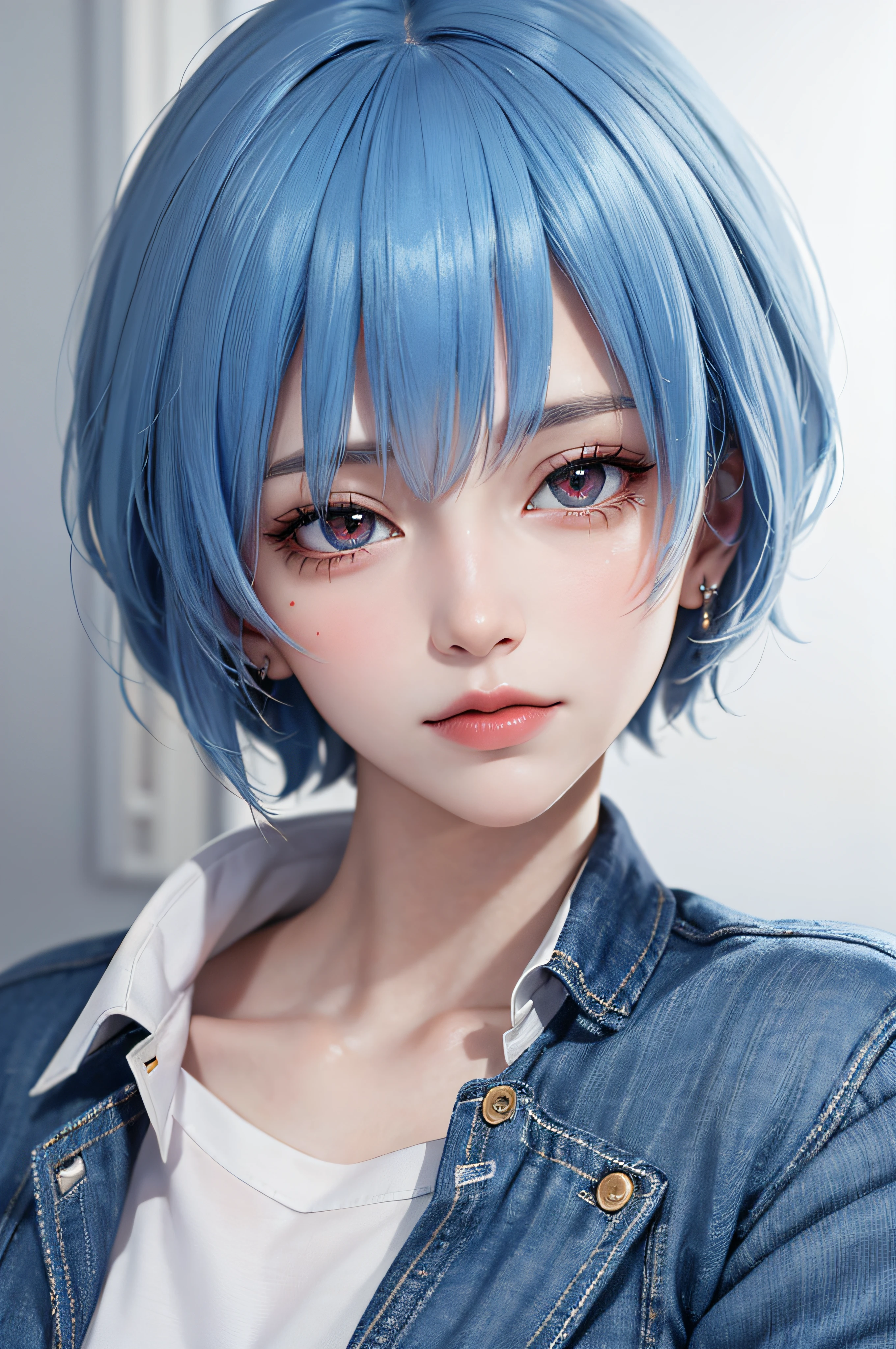 Masterpiece, Best Quality, 8K, Detailed Skin Texture, Detailed Cloth Texture, Beautiful Detail Face, Intricate Detail, Ultra Detail, Portrait of Rei Ayanami, Blue Hair, Red Eyes, Head Tilt, Look Up, No Background
