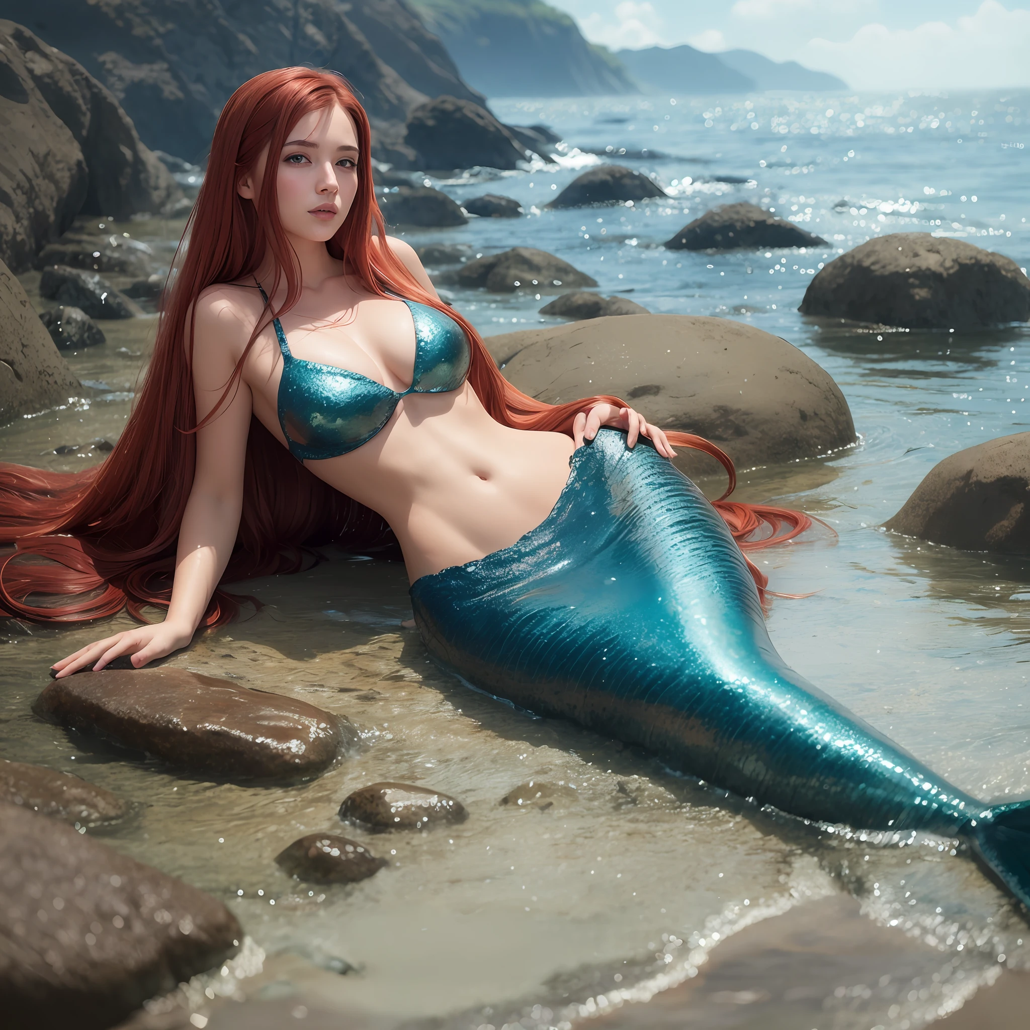 Red-haired mermaid with long hair.  Lying on a rock on the seashore. Digital painting, artstation, concept art, soft focus, sharp, illustration.