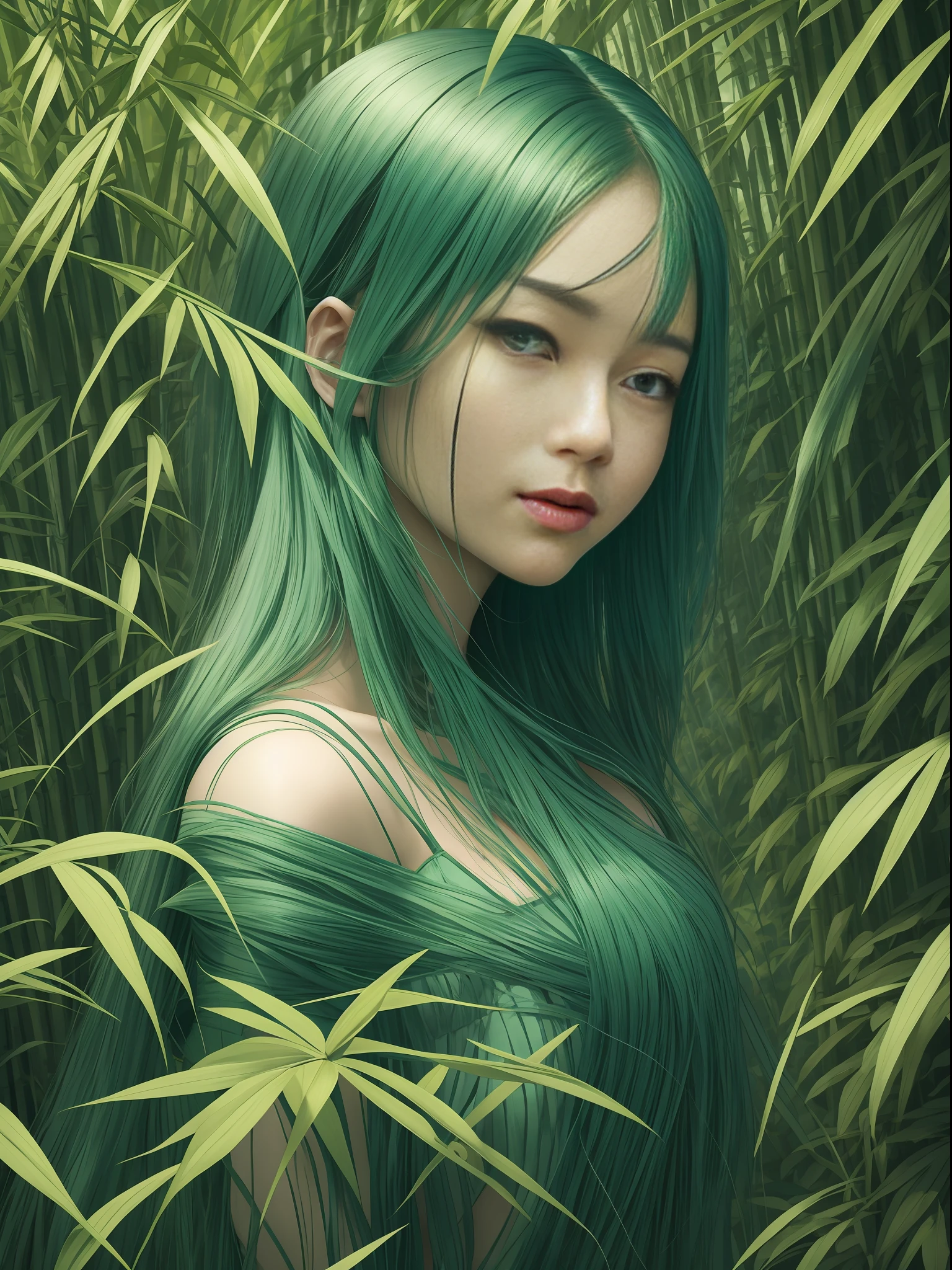 A stunning young woman, with features chiseled from Asian beauty standards, eyes reflecting the emerald green of surrounding bamboo forest, (Japanese retro), emphasizing the delicate contours of her face, beauty lush environment, Artist: Andreas Franke --ar 4:5 --s 180, chiaroscuro, motion lines, multiple monochrome, masterpiece, super detail, award winning, award winning, best quality --auto