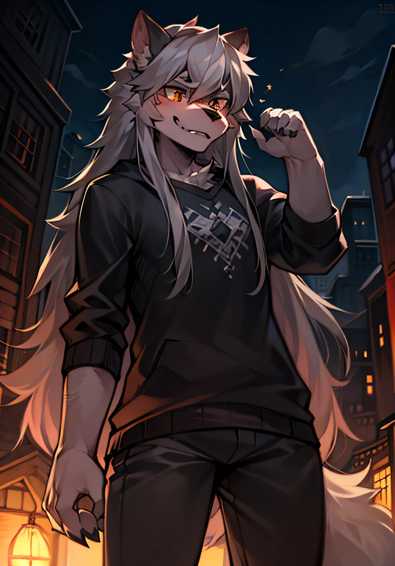 "A gray-haired werewolf with medium-long hair."