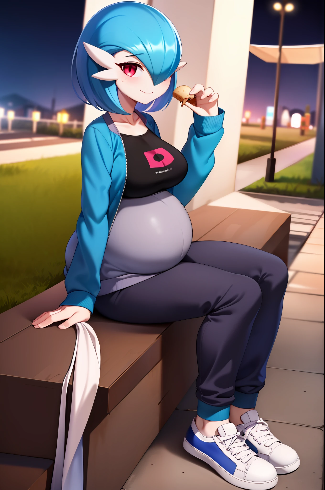 masterpiece, best_quality, 1girl, solo, gardevoir, pokemon\(creature\), blue hair, in a park, park, movie lighting, night, sitting on a bench, smile, casual clothes, short mangs black blouse, low-cut blouse, medium breasts, medium breasts, sweatpants, gray pants, full body, sneakers, pregnant. Red eyes, detailed eyes, he carries an ice cream in his hands.