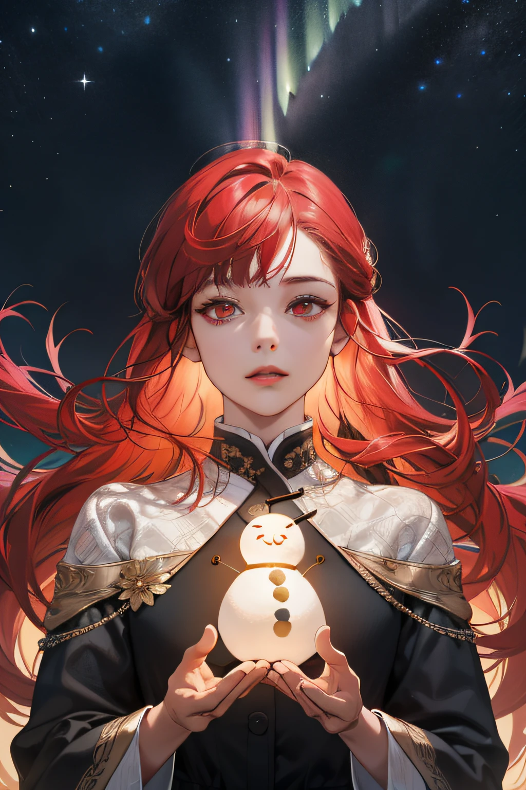 small redheaded child 5 years old,aurora borealis, snowman, 4k, realistic, coat (absurd, highres, ultra detailed), long hair, blunt bangs, red eyes, finely detailed eyes and detailed face, 8k wallpaper of extremely detailed CG unit, intricate details, BREAK, kaleidoscopic images, symmetrical patterns, vibrant colors, geometric shapes, mesmerizing designs, optical illusions,  BREAK dynamic composition, pantomime art, expressive body language, silent narrative, evocative gestures, visual narratives, BREAK theatrical performances, generosity of nature, vibrant gardens, tranquil landscapes