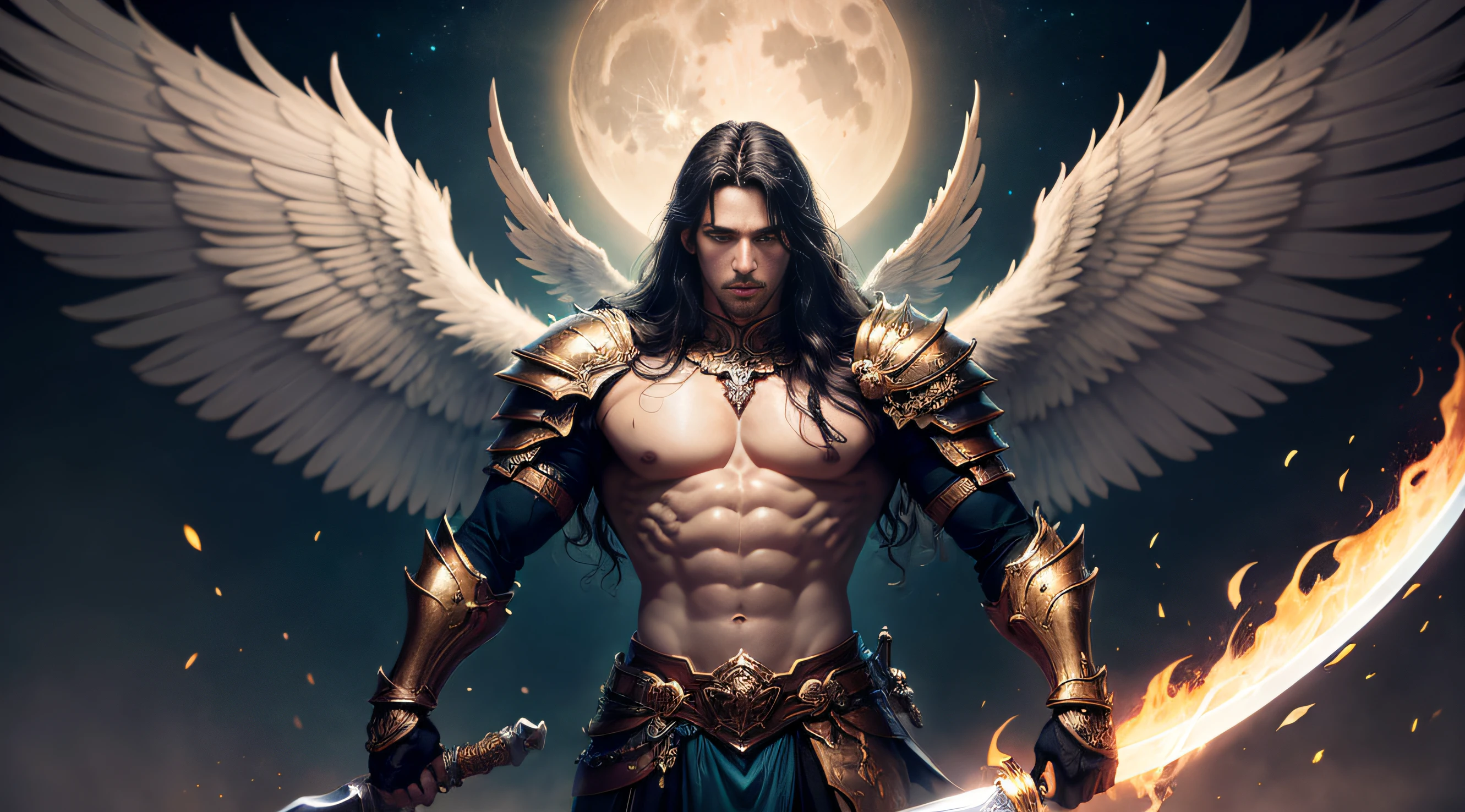 A mature man like Mighty Archangel Michael, with a muscular constitution and long hair, is in battle armor, flaming blue sword of golden pearls, a flaming sacred aura radiating from his body, extremely detailed white wings, moon background, surreal, fantasy, magical, intricate details, dramatic angle, (dynamic upper body posture: 1.1), dramatic lighting, depth of field. Best quality, masterpiece, ultra high resolution, (anime realism, photorealistic: 1.4), perfect composition, centered, symmetry
