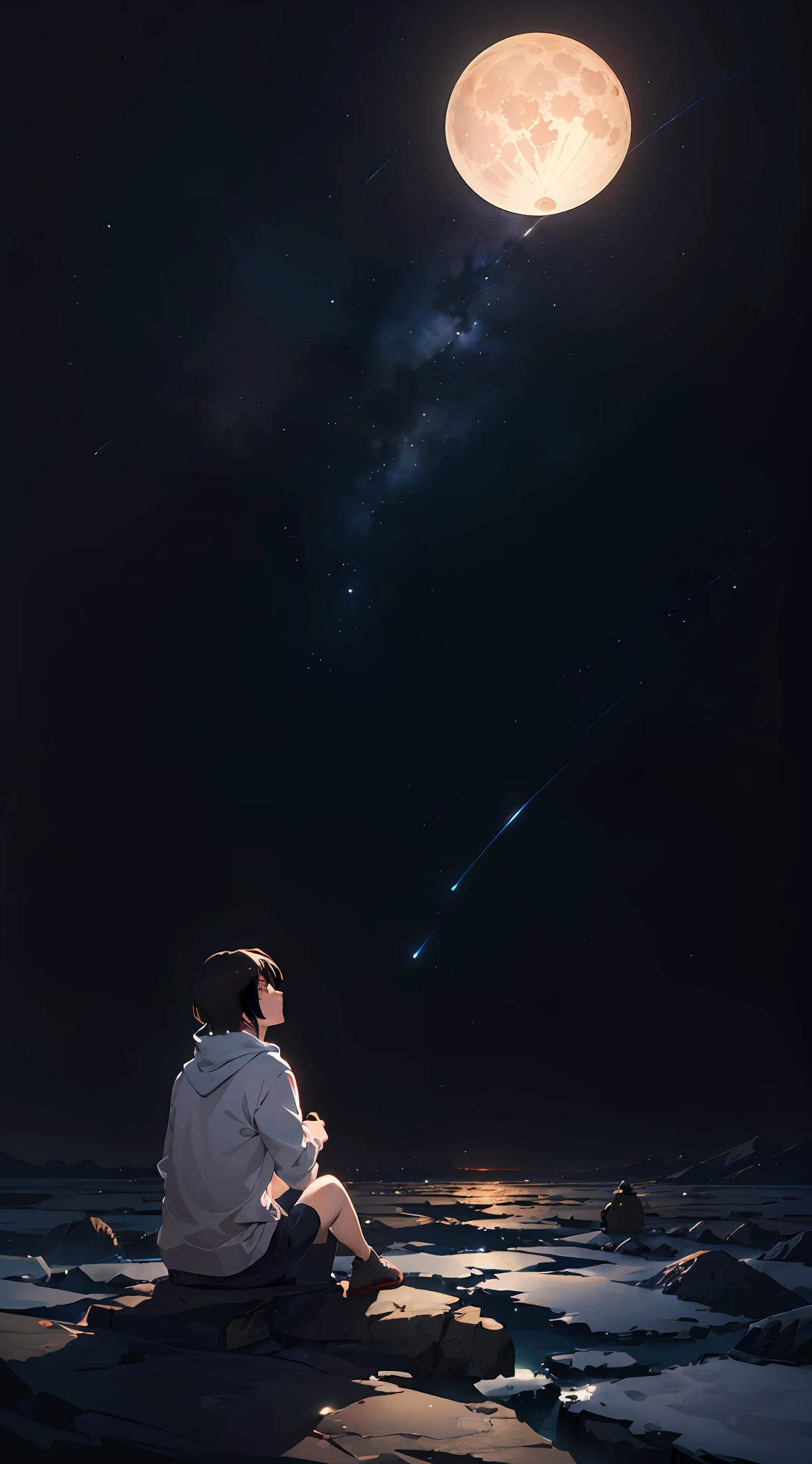 anime, man sitting on grass, watching the stars, digital art, makoto shinkai cyril rolando, sitting on the cosmic cloudscape, anime beautiful peace scene, background artwork, anime background art, cosmic skies. by makoto shinkai, anime countryside landscape, watching the sun set. anime, anime landscape wallpaper, anime art wallpaper 8 k, by RHADS