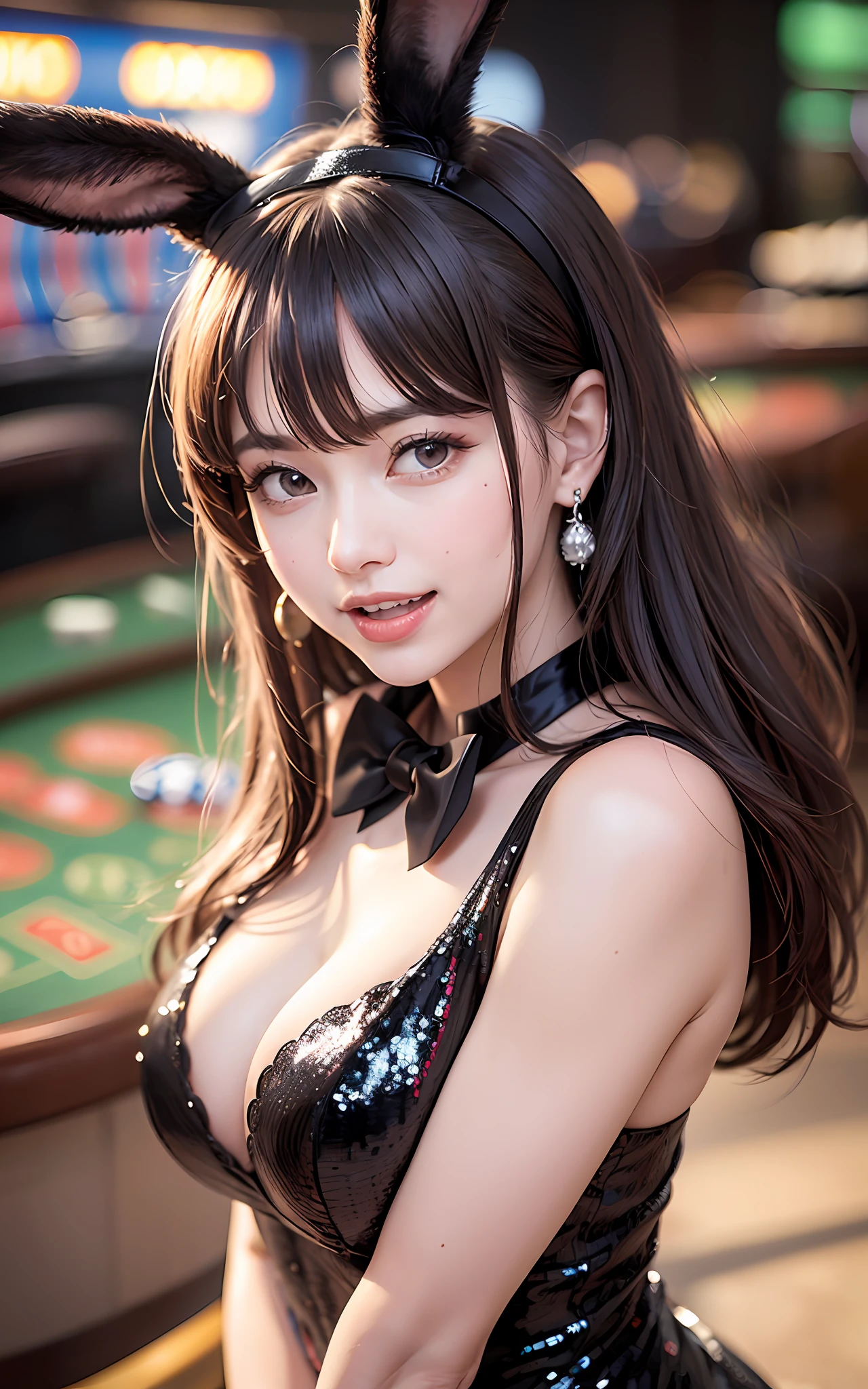 (Realistic, Photorealistic: 1.37), (8k, RAW Photography, Best Quality, Masterpiece: 1.2), Very Cute Woman, Super Detail, Heart-Shaped Pupil, Physically Based Rendering, Ultra High Resolution, Kodak Vision Color, Shot with Arricam LT Camera, Bokeh, Sharp Focus, (((Correct Anatomy: 1.2))), ( Pose that emphasizes with arms between breasts: 1.2)), big, show cleavage, watch viewer, realistic, solo, photorealistic, highest quality, highly detailed face, ((sequins, black bunny suit, black rabbit ear shaped hairband, bow tie: 1.2)), dark brown hair, semi-long, very detailed eyes and face, beautiful detailed eyes, double eyelids, (( ( Unforgettable smile, open mouth: 1.2)), red cheeks, hair fluttering in the wind, ((upper body)), (((casino, background blurred)), cute,