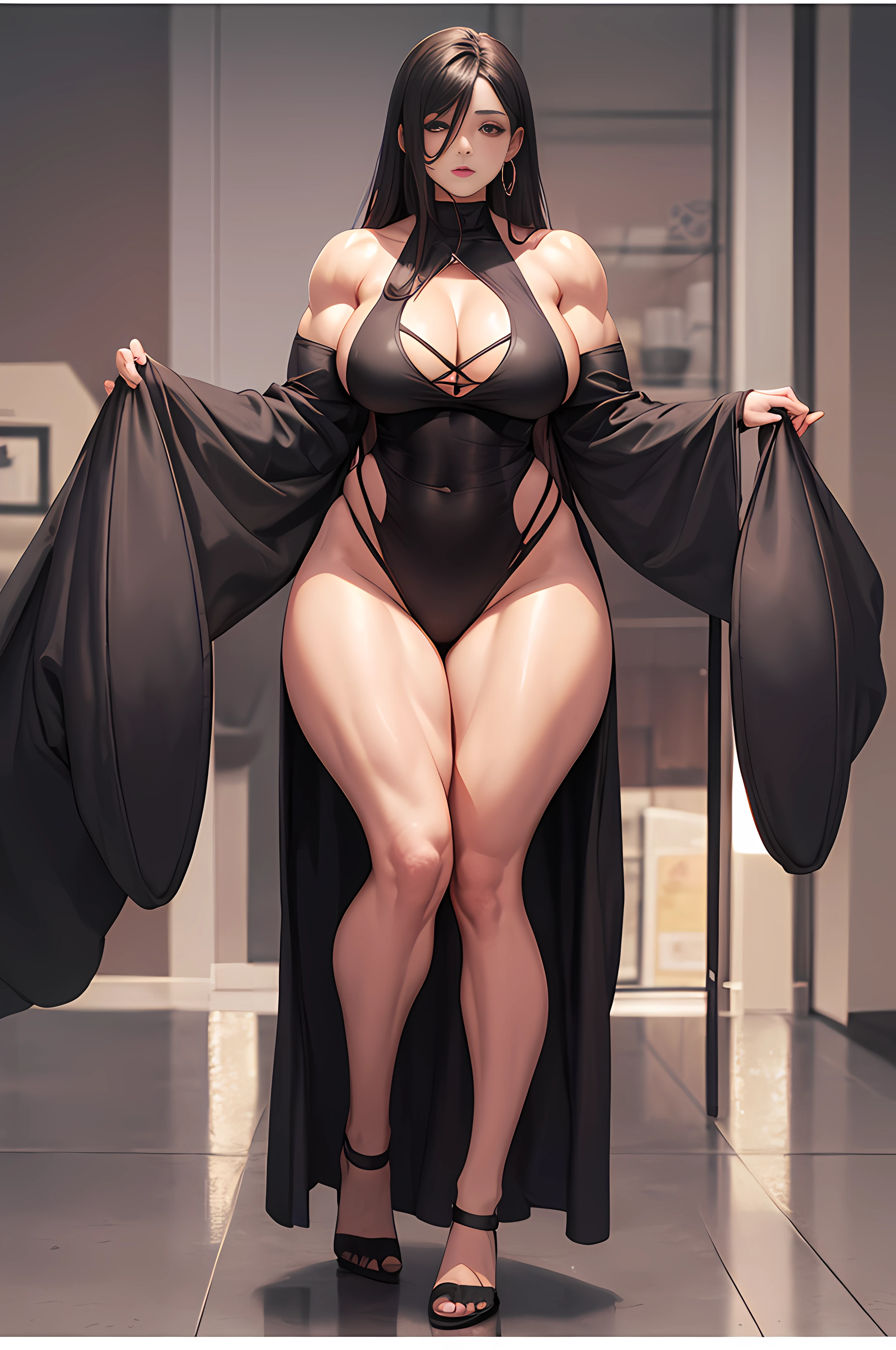 Beautiful woman hourglass_figure_body massive_bodybuilder vampire, 1girl, single woman, (beautiful face: 4), big muscles, big eyes, broad shoulders, wide arms, large and marked pectorals, small waist, long legs, thick legs, big and thick buttocks, wide calves, full body centered, --auto