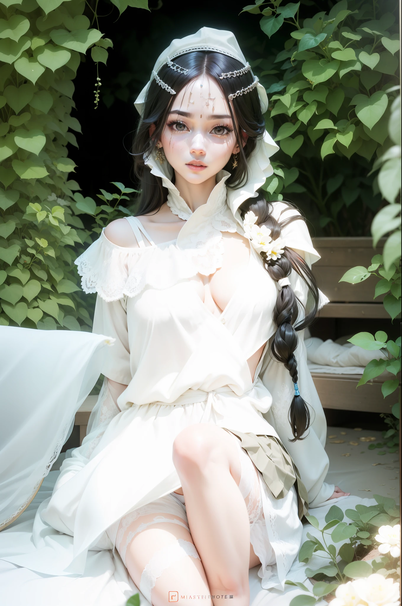 (bestquality、A masterpie:1.2)、Ultra High Res、lifelike、Front lighting、with intricate details、Exquisite details and textures、1girl、solo、(young)、Facial Highlights、fulllllbody、Detailed face、Teardrop mole、White Skin、Silver hair、ponytails、Braid hair、Watch your audience、s big eyes、Silk robes、(Hollow pattern、WHITE、silk)、ear ring、tiny breasts、Slim body、Luxurious room、professional Lighting、Photon mapping、 Radiosity、physically based rendering、(((pull up skirt、White lace panties visible))