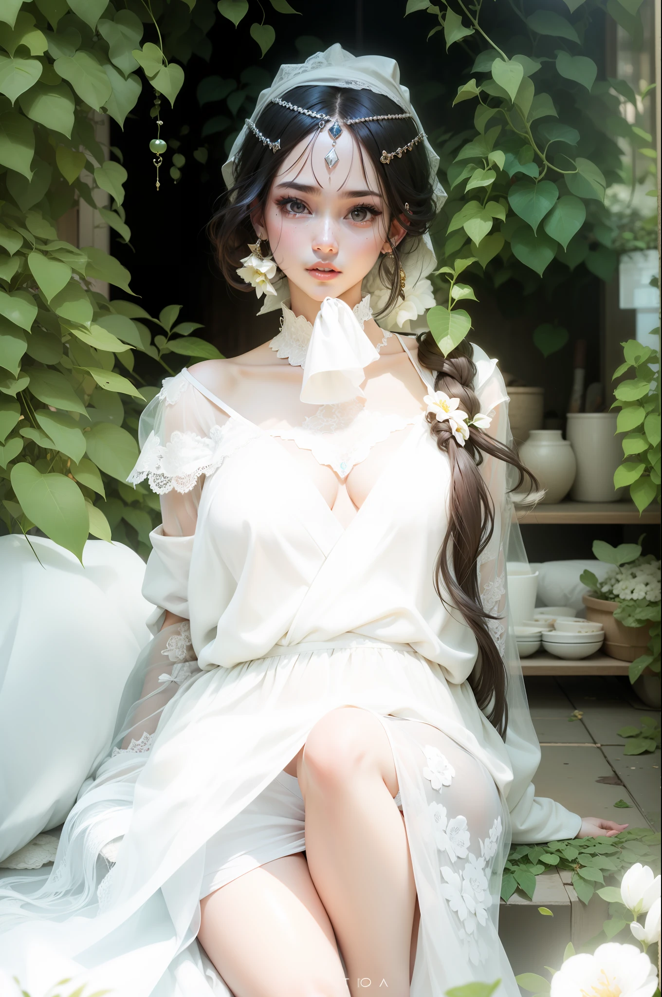 (bestquality、A masterpie:1.2)、Ultra High Res、lifelike、Front lighting、with intricate details、Exquisite details and textures、1girl、solo、(young)、Facial Highlights、fulllllbody、Detailed face、Teardrop mole、White Skin、Silver hair、ponytails、Braid hair、Watch your audience、s big eyes、Silk robes、(Hollow pattern、WHITE、silk)、ear ring、tiny breasts、Slim body、Luxurious room、professional Lighting、Photon mapping、 Radiosity、physically based rendering、(((pull up skirt、White lace panties visible))