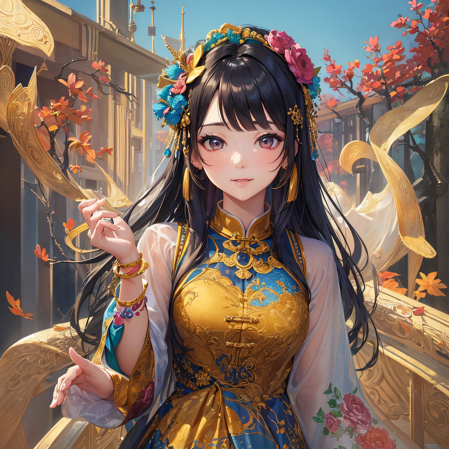 A beautiful dancer in ancient China,delicate lines,gorgeous costumes in ancient China,delicate and vivid,shy face,willow leaf eyebrows,personality depiction,coiled hair,gold leaf,flowing clouds,watercolor,crane surrounding,ink painting,gentle eyes,meticulous color scheme,exquisite clothing patterns,by Gu Kaizhi,Zhang Xuan,professional color grading,realistic style,soft shadows,clean and sharp focus,Flim photography,Panoramic View,32K --ar 3:4 --q 2 --s 750 --niji 5 --auto