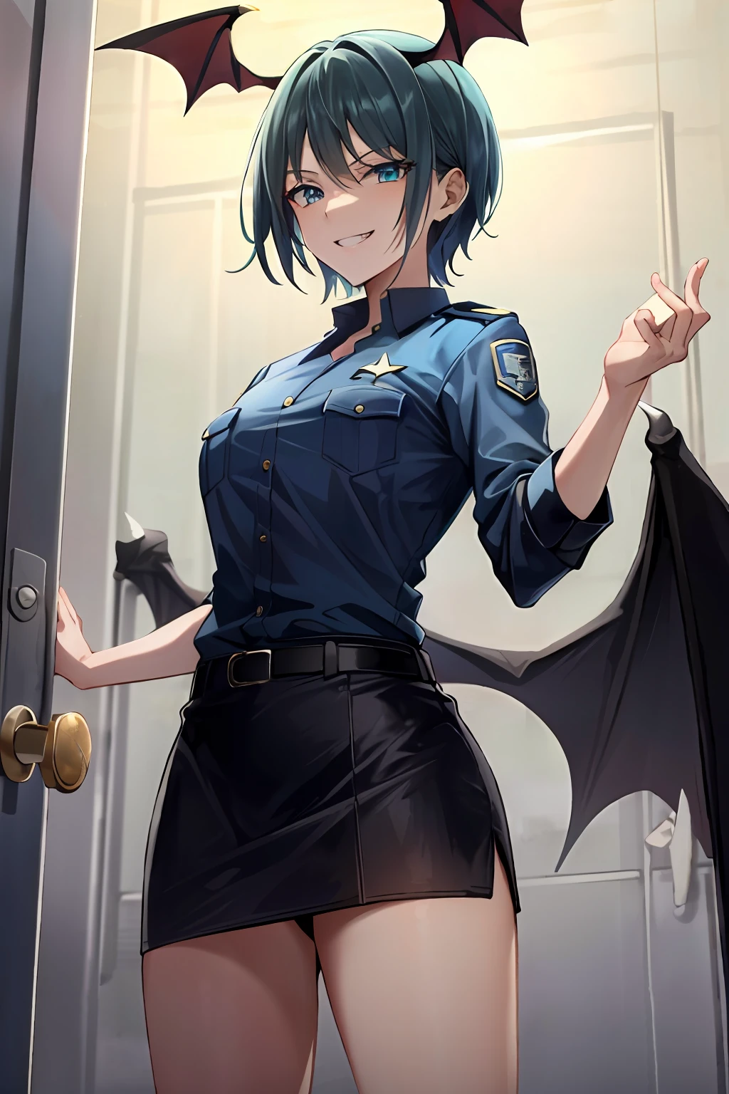 masterpiece, best quality, high resolution, solo, standing, adult woman, light blue clothes, police uniform, black hair, bat wings, short hair, blue eyes, evil smile, evil smile, mini skirt, police uniform, jail, jail