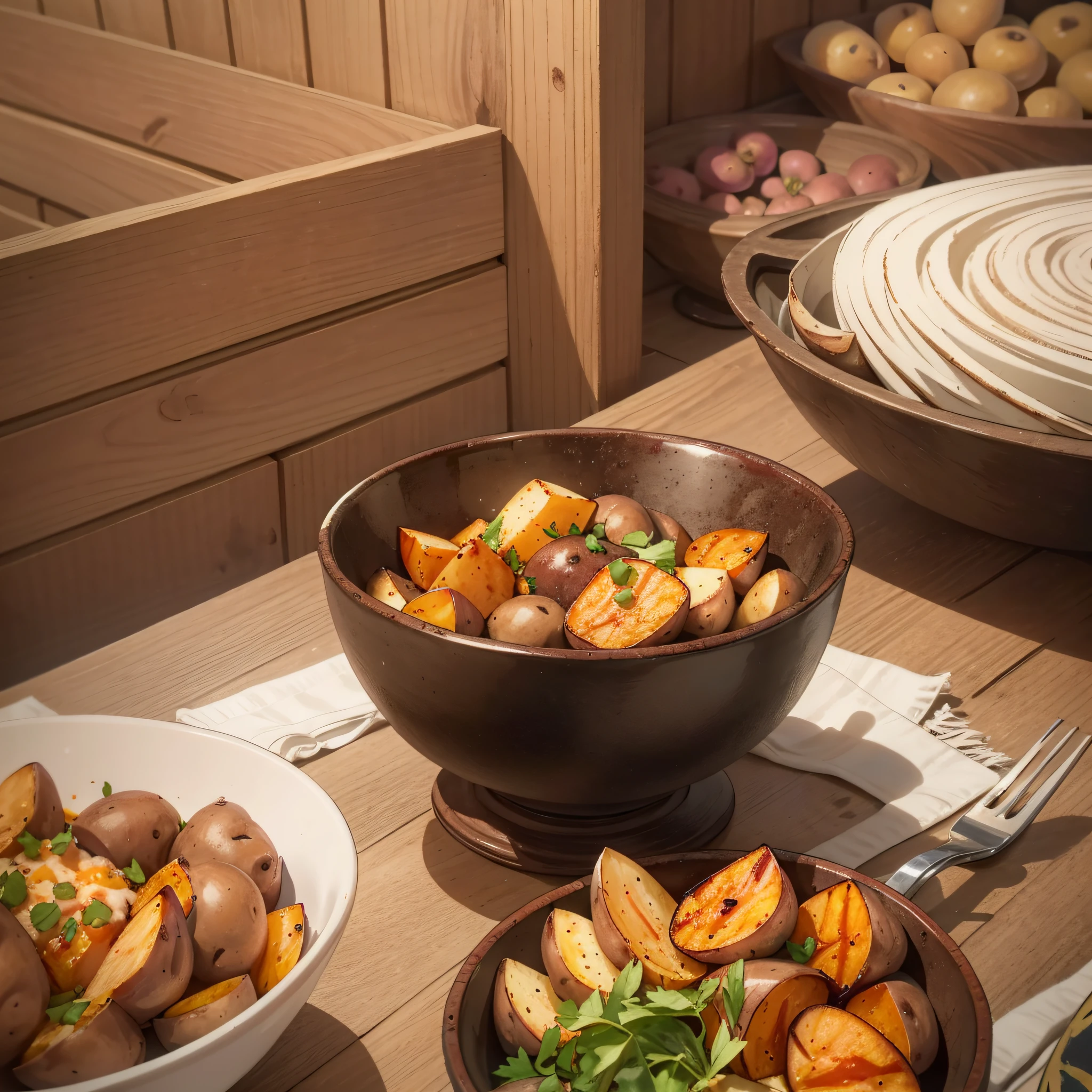 Several sweet potatoes and potatoes are placed on the table in the village house, bowl (background is 1.5 in the village house) anime style 4 K, anime rendering, anime style. 8K, (cinematic lighting 1.5)