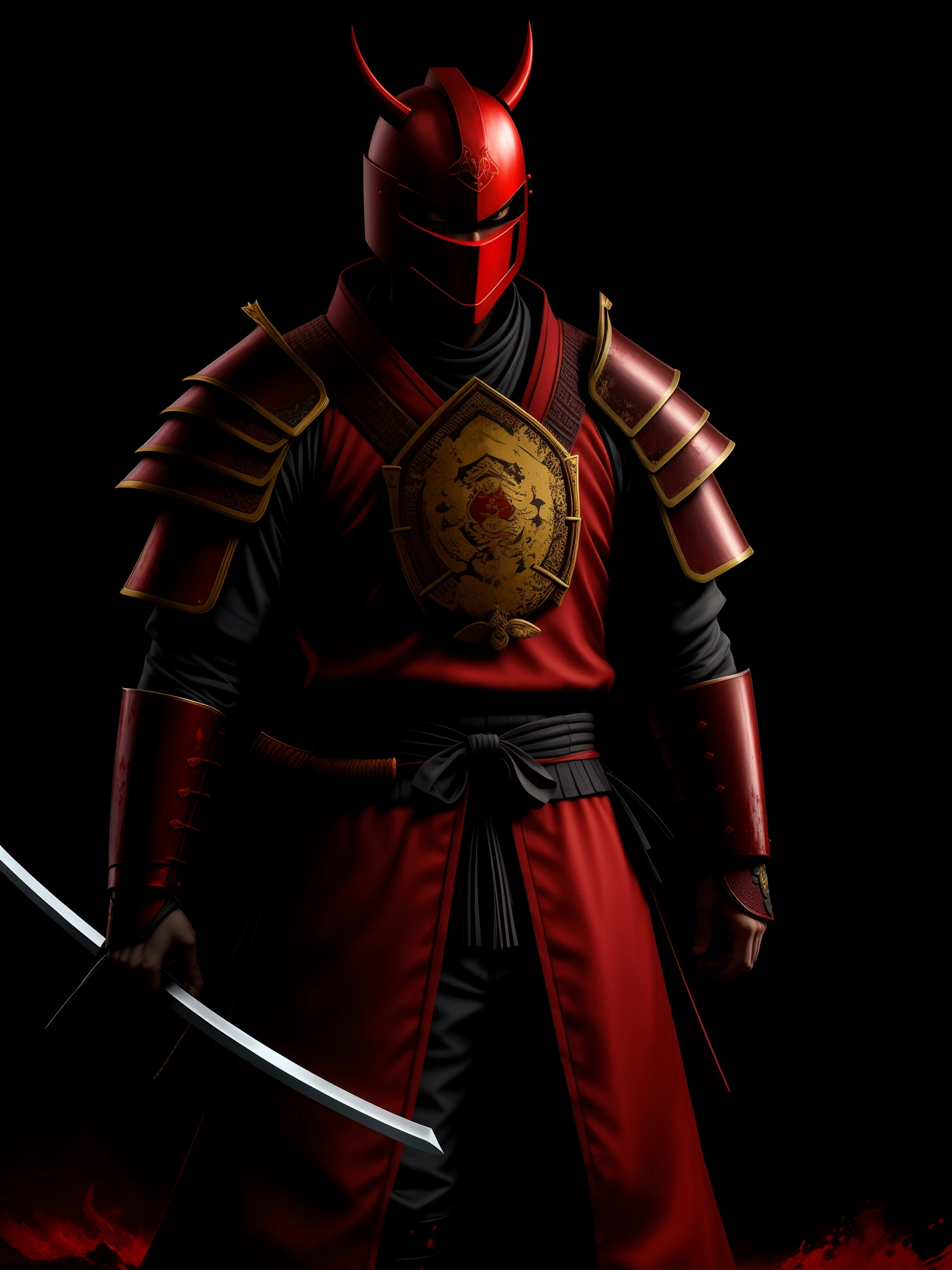 Samurai with a red armor with blood, a demonic purple onny mask, cinematic, 8k, textures.