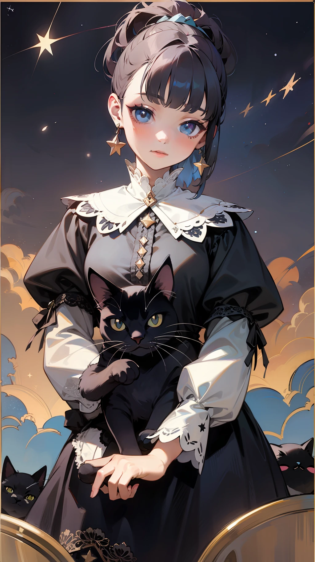 Vermeer painted woman, black cat, starry sky on background, fantastic, lace dress