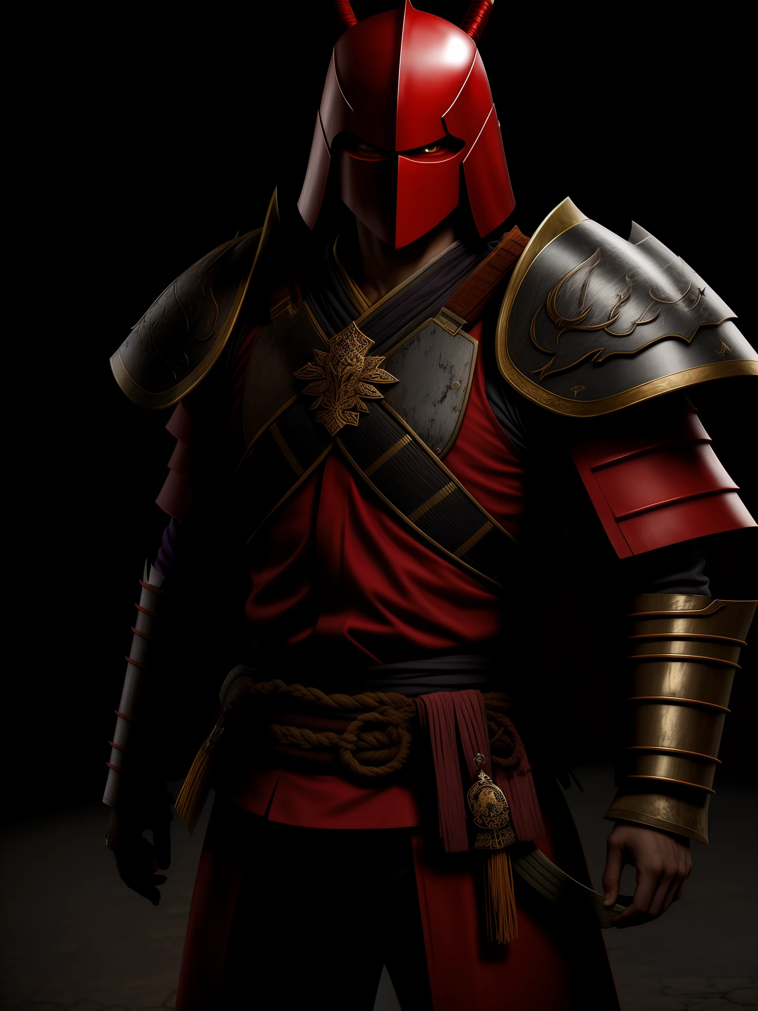 Samurai with a red armor with blood, a demonic purple onny mask, cinematic, 8k, textures.