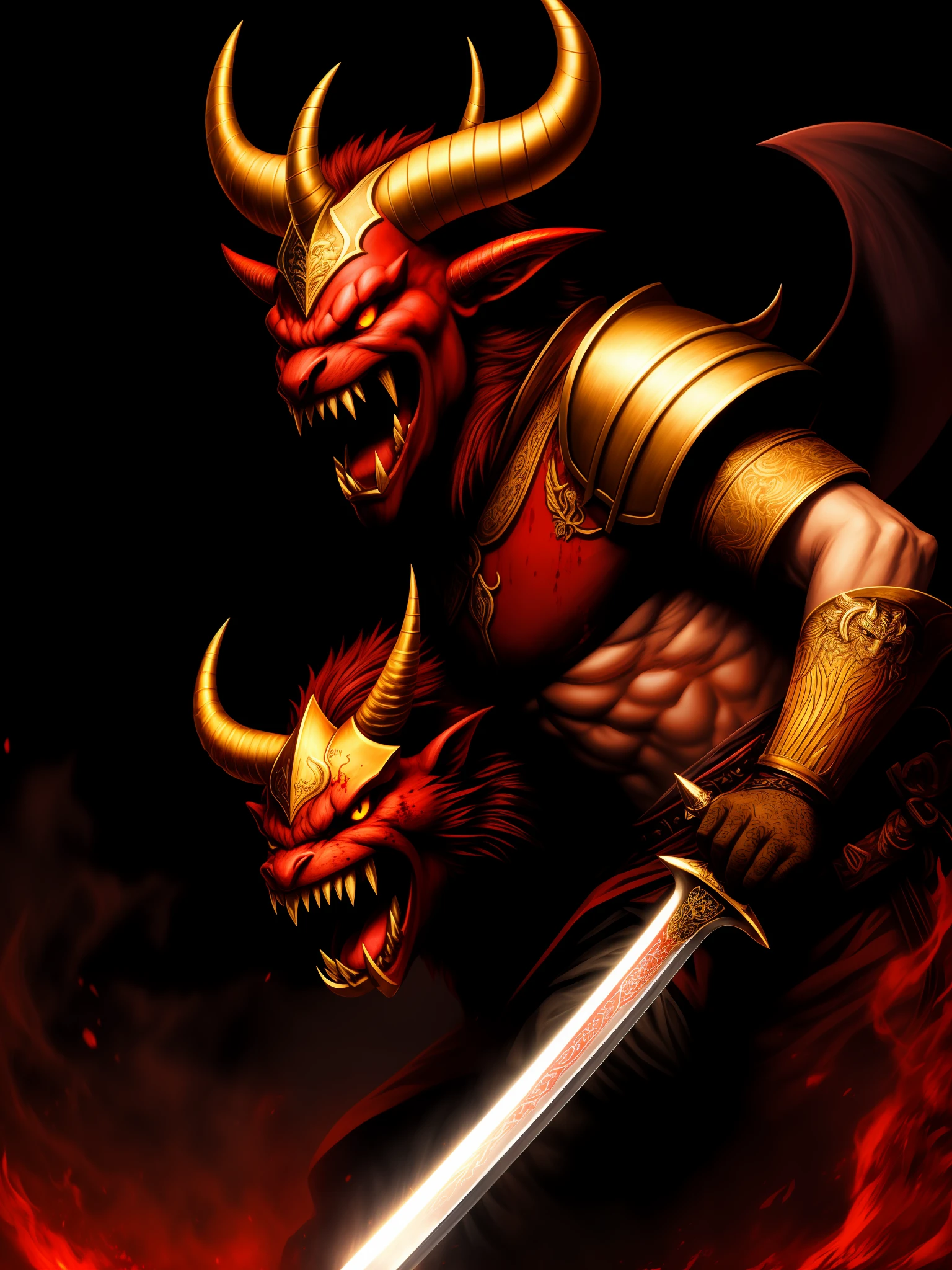 Bloodthirsty red demon, with elongated golden horns, yellow eyes, smiling, running his tongue on a blade of a sword with golden and red handle.