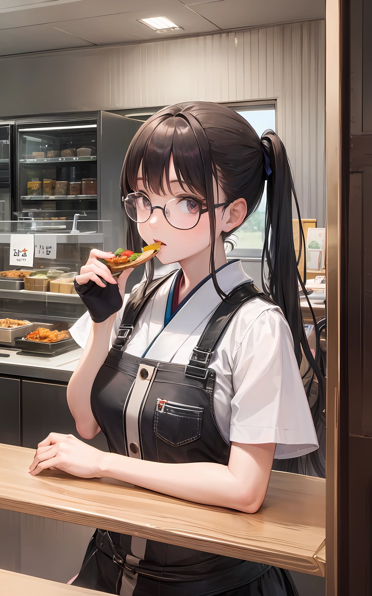 Top quality, 8K, 4K, high resolution, details Beautiful round glasses girl, dark hair girl, pigtails, eating lunch, Japanese style costume, fast food restaurant,