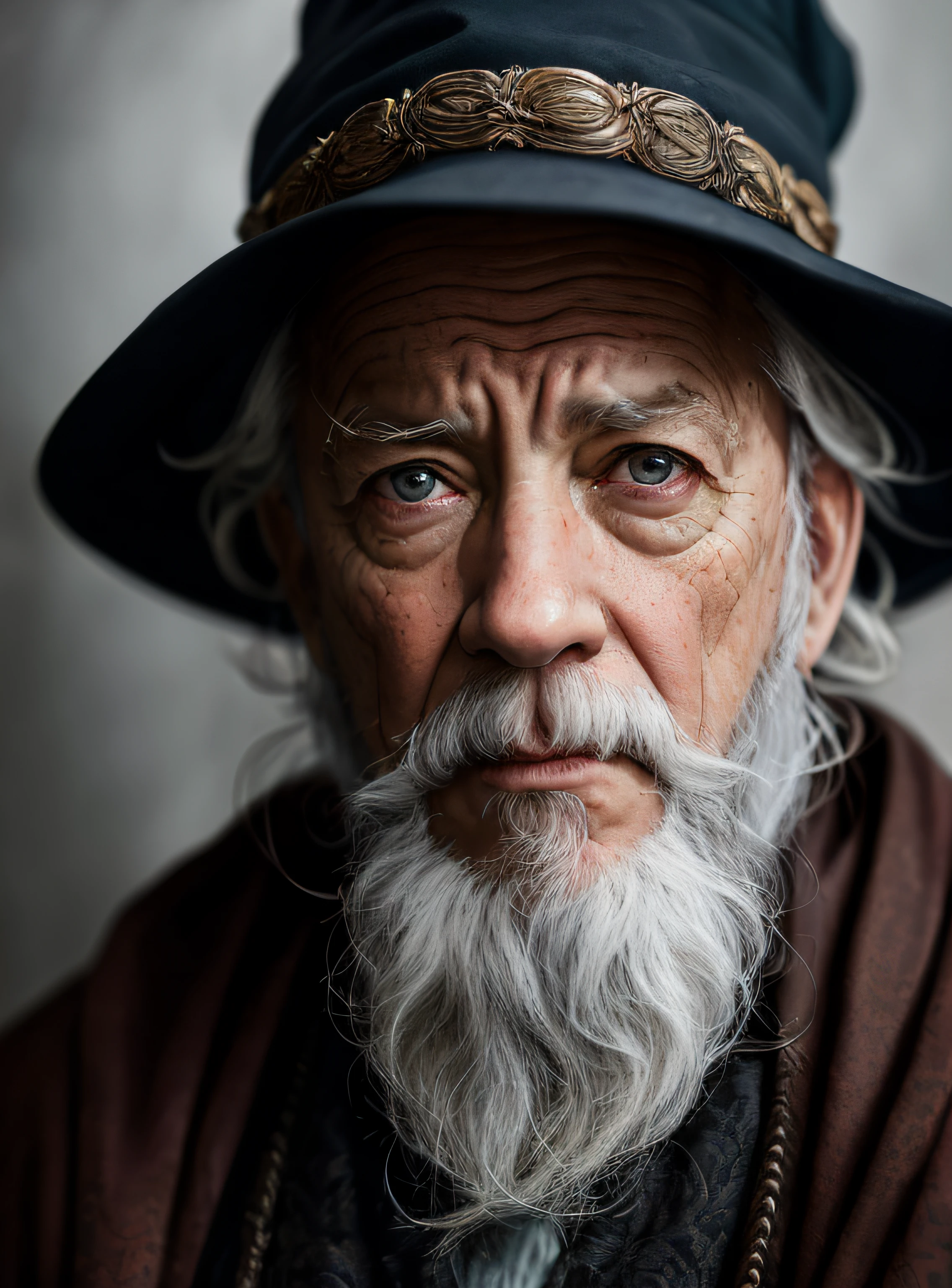 A portrait of the wizard target dumbledore from the harry potter movie with the face of actor tom hanks aged, bearded, wrinkled, aged, with piercing eyes, detailed face, high details, photography, dark studio, rim light, Nikon D850, 50mm, f/1.4