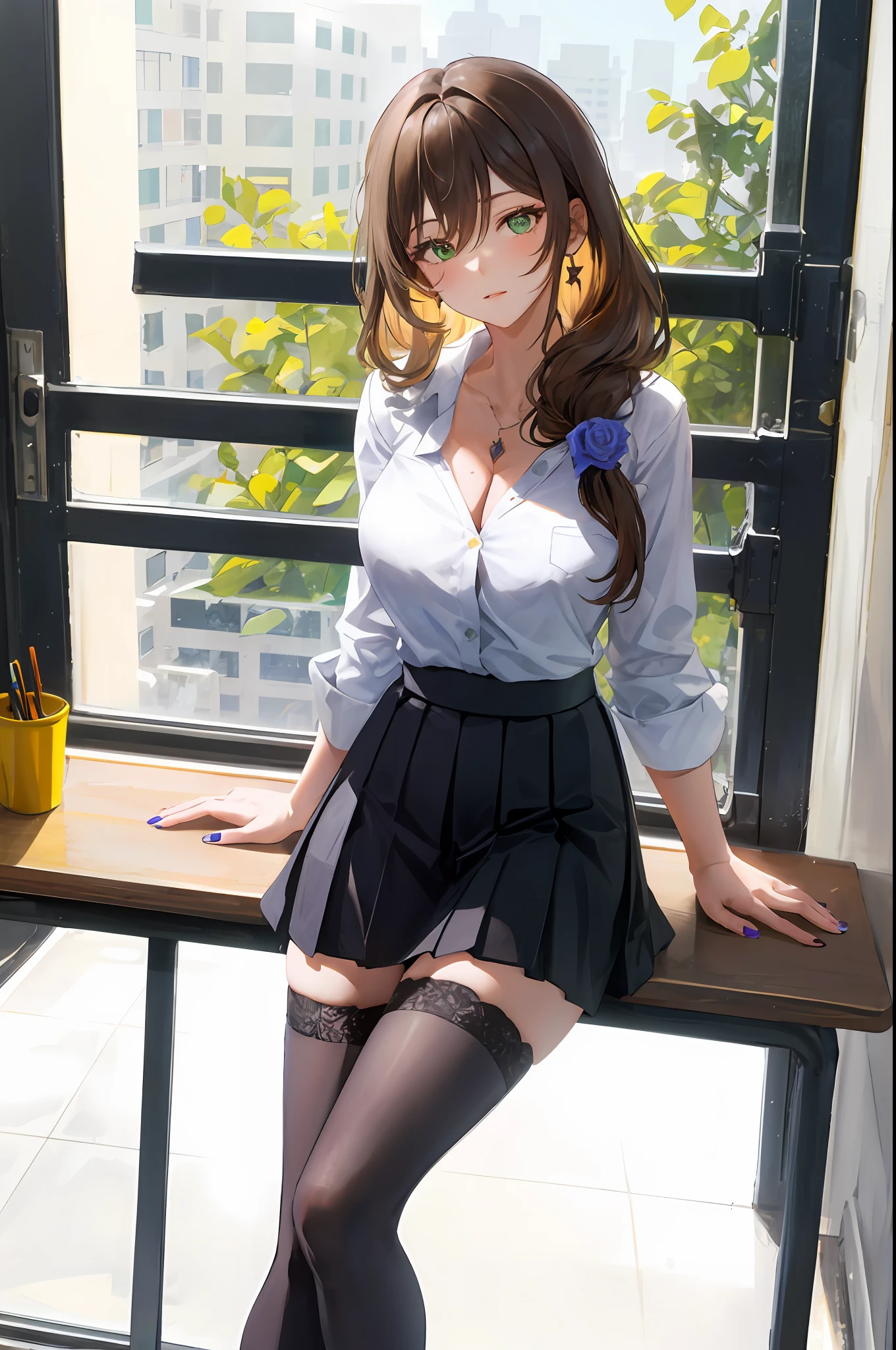 Lisa, genshin impact, 1girl, solo, ((white shirt)), black thighhighs, breasts, cleavage, uniform, office background, black skirt, pleated skirt, office, hair between eyes, messy hair, large breasts, long hair, looking at viewer, brown hair, red short nails, green eyes, solo, thighhighs, thighs, very long hair, ((masterpiece)), classroom, desk, chair, board, class board, door, window, teaching,