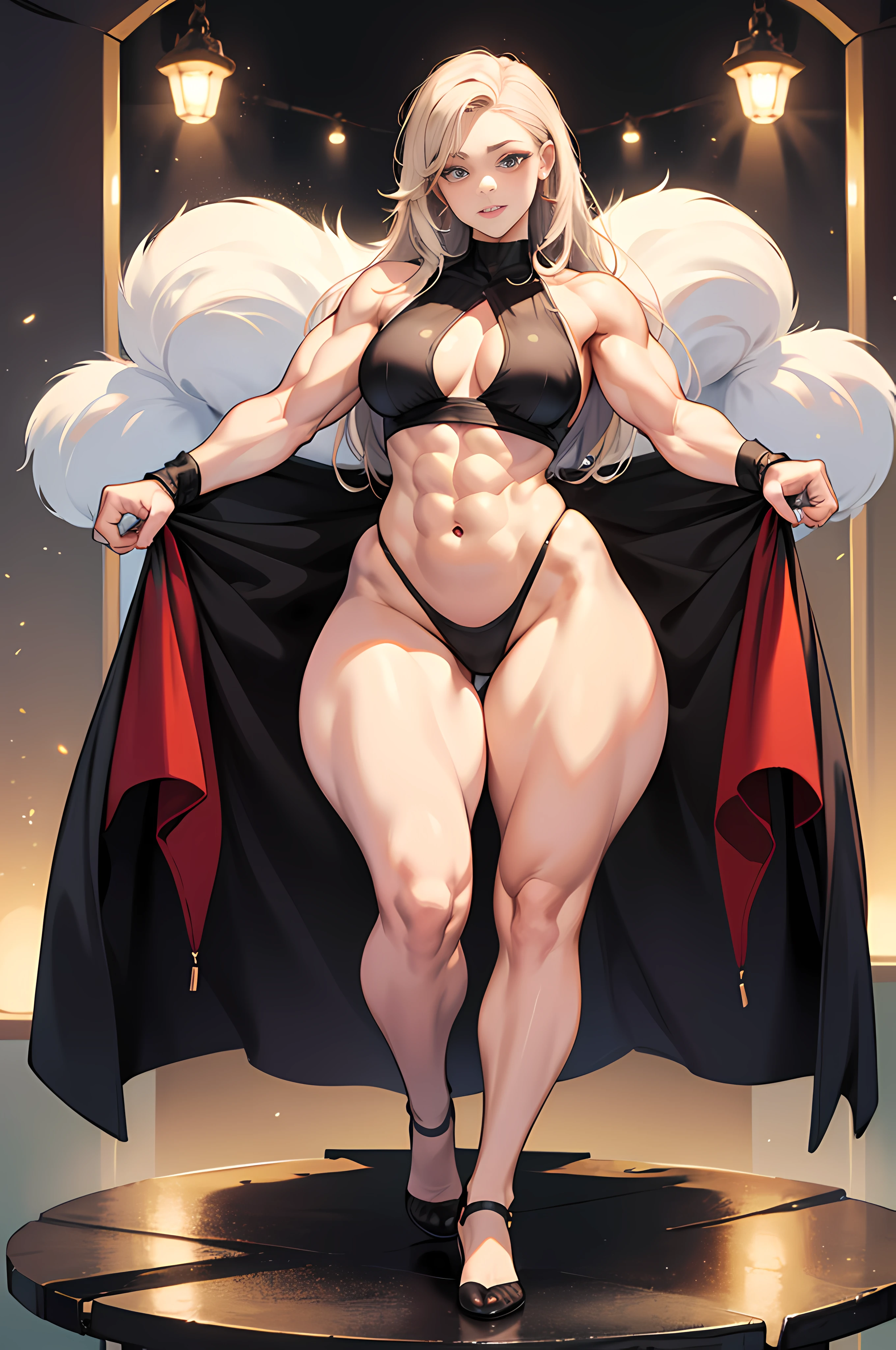 (Masterpiece, ultra detailed: 1.5), (beautiful face: 3.5), perfect lighting, skin teeth, Beautiful woman hourglass_figure_body massive_bodybuilder vampire, 1girl, single woman, big muscles, big eyes, broad shoulders, wide arms, large and marked pectorals, small waist, long legs, thick legs, big and thick buttocks, wide calves, centered full body, --auto