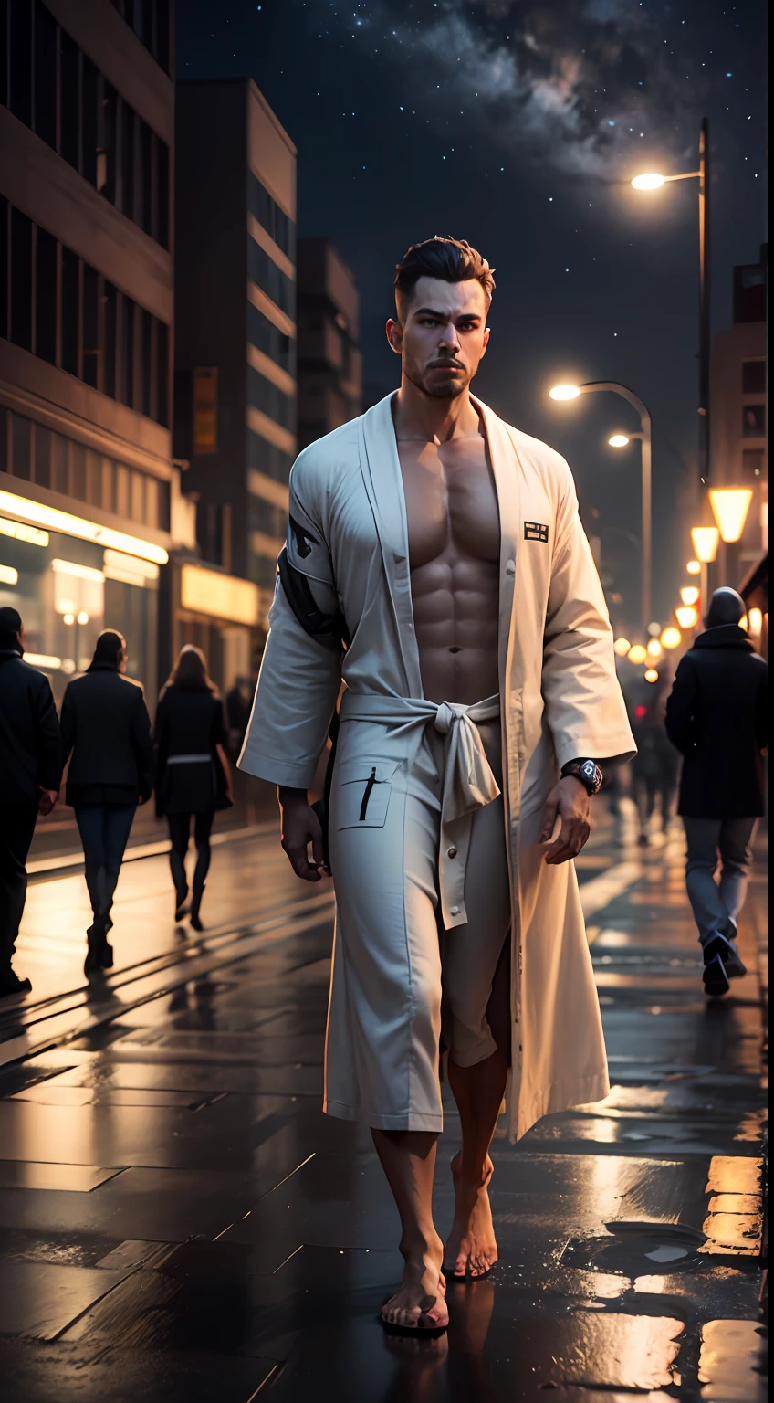 (Best Quality)), ((Ultra Realistic)), (Height Detail: 1.3), 3D, Maximum Clarity and Acutance, Multi-layered Textures, Perfect Proportions, Two-tone Lighting, White Balance, 8K RAW, Bathrobe, Haired Man, Post-apocalyptic City, Large Architecture, Alien Ship Flying Over the Sky, Night, Illuminated Night Sky