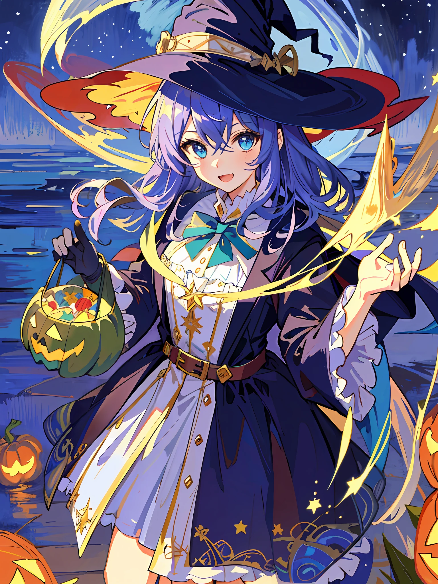 ((masterpiece:1.2, best quality)), 1girl, solo, (witch hat), a close up of a girl with curly hair, dress, aurora, night, star (sky), gloves, sky, dress, night sky, open mouth, starry sky, light blue eyes, ribbons, smile, cape, colorful hair, magic, casting spell, night, (impressionism:1.4), alphonse mucha, Halloween colors, colorful candy, magical lights, pumpkins, candies