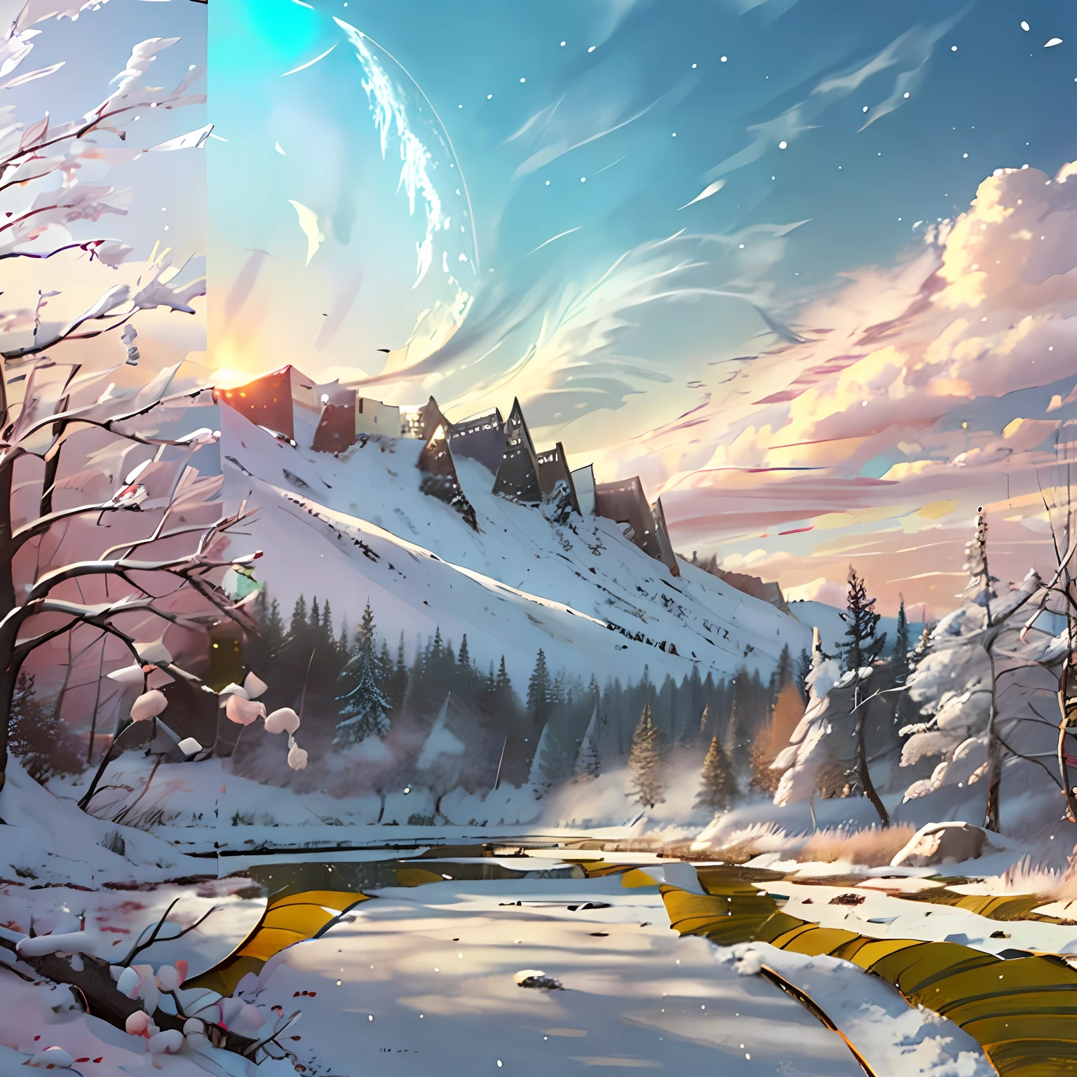 The sky split into two sides, with fallen leaves floating and snow on the other