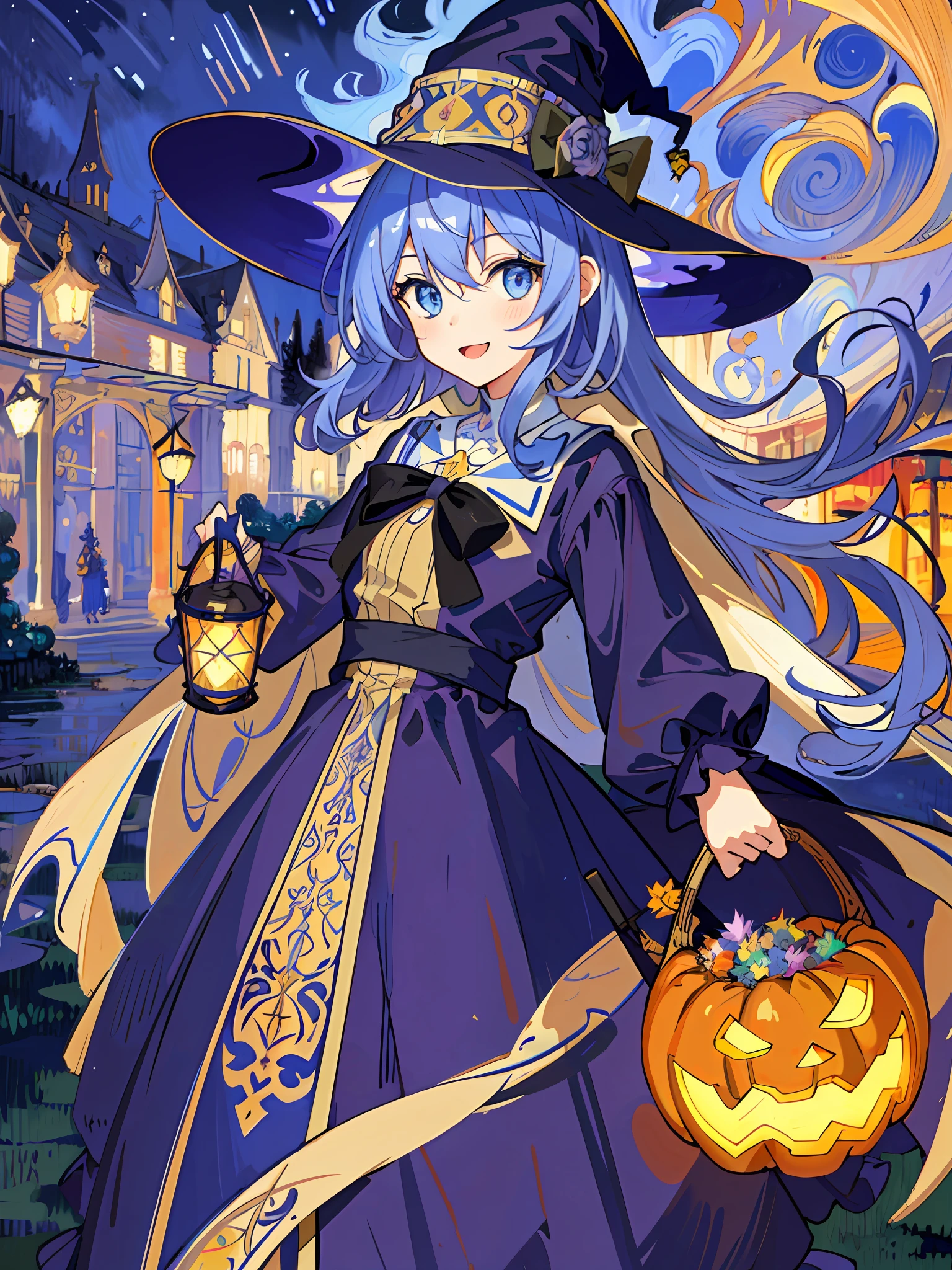 ((masterpiece:1.2, best quality)), 1girl, solo, (witch hat), a close up of a girl with curly hair, dress, aurora, night, star (sky), gloves, sky, dress, night sky, open mouth, starry sky, light blue eyes, ribbons, smile, cape, colorful hair, magic, casting spell, night, (impressionism:1.4), alphonse mucha, Halloween colors, colorful candy, magical lights, pumpkins, candies