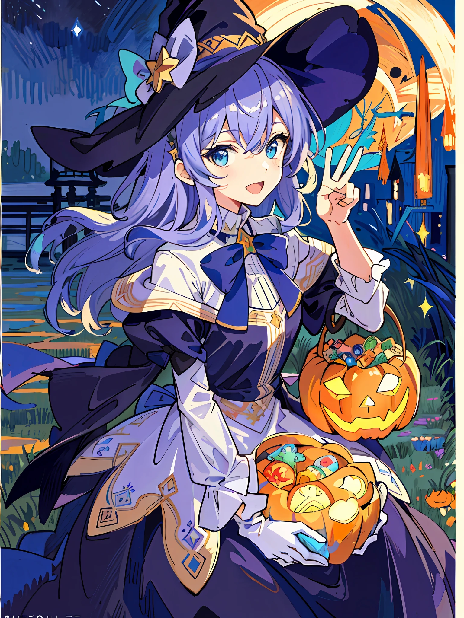 ((masterpiece:1.2, best quality)), 1girl, solo, (witch hat), a close up of a girl with curly hair, dress, aurora, night, star (sky), gloves, sky, dress, night sky, open mouth, starry sky, light blue eyes, ribbons, smile, cape, colorful hair, magic, casting spell, night, (impressionism:1.4), alphonse mucha, Halloween colors, colorful candy, magical lights, pumpkins, candies