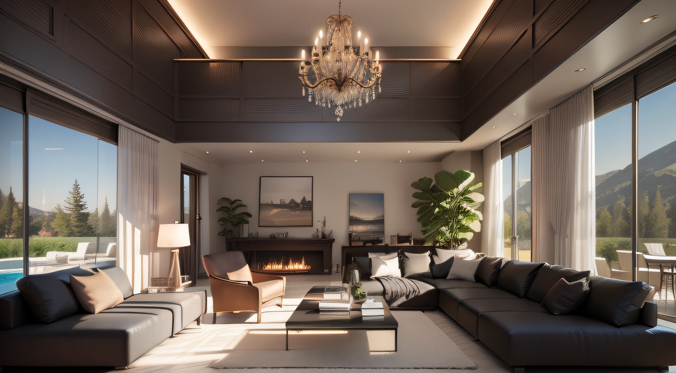 Interior design, very detailed wide-angle architectural photography, interior, (warm and comfortable sunshine 1:0.1) award-winning contemporary interior design, expansive space, overall environment, log style contemporary living room, living room in villa, cloth sofa, interesting light and shadow, low light, no spotlight, pure ceiling, pure ceiling, floor-to-ceiling windows, landscape, bokeh, pool outside the window, TV, furnishings, decorative art, Vray 8K rendering, excellent 3d rendering, hyper-realism, hyper-realistic, realism, realism, High quality 3d rendering, chandelier, white ceiling