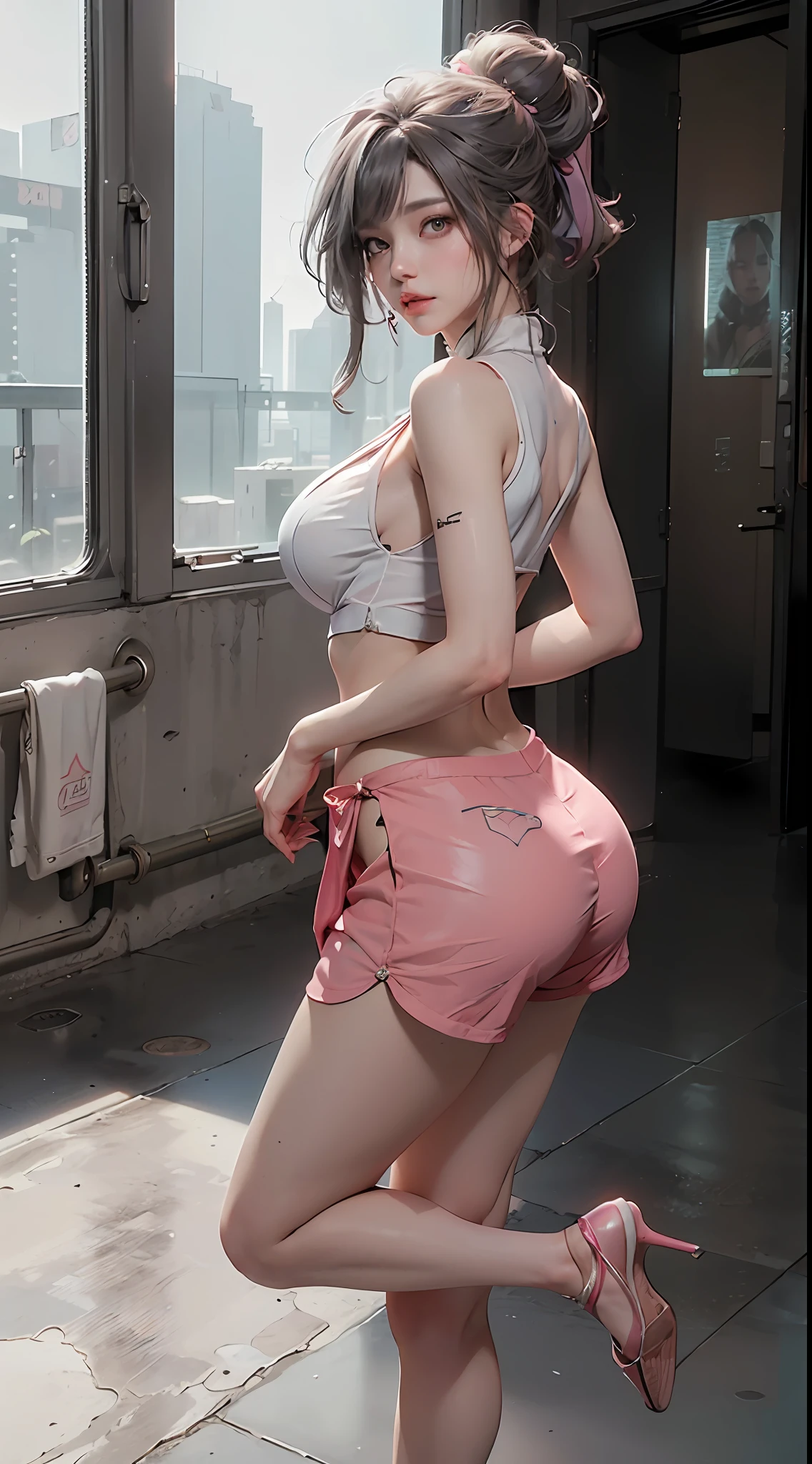 (Best Quality), ((Masterpiece), (Detail: 1.4), 3D, A Beautiful Cyberpunk Woman, HDR (High Dynamic Range), Ray Tracing, NVIDIA RTX, Super-Resolution, Unreal 5, Subsurface Scattering, PBR Textures, Post-Processing, Anisotropic Filtering, Depth of Field, Maximum Sharpness and Clarity, Multi-layer Textures, Albedo and Highlight Maps, Surface Shading, Accurate simulation of light-material interactions, perfect proportions, Octane Render, two-color light, large aperture, low ISO, white balance, rule of thirds, 8K RAW, big breasts, big breasts, big breasts, double breasts, breast augmentation, pants coming off, clothes slipping off, nudity, gray hair, long hair, long hair and waist, lace trim, transparent clothing, transparent clothes, coquettish, fat buttocks, full type, full body, fat buttocks, very large, thick legs, thighs, sexy charm, thong, no clothes, miniskirt, big ass, upturned buttocks, Pouting ass, pouting, short clothes, short pants, transparent clothes, pink cute, pink tender