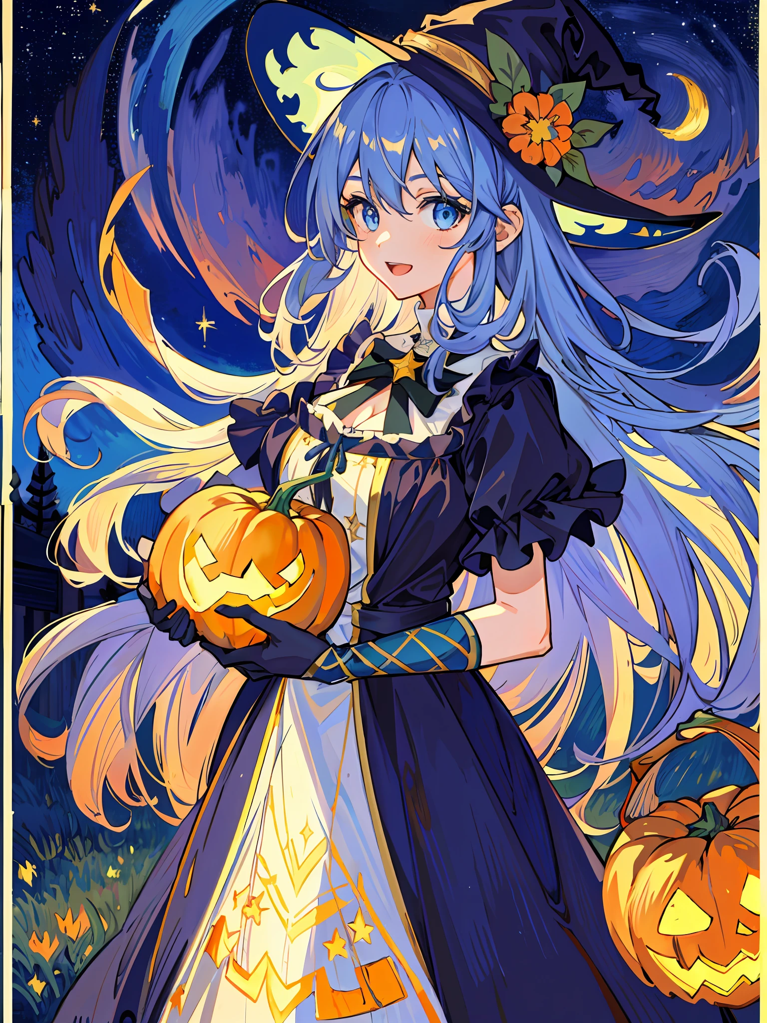 ((masterpiece:1.2, best quality)), 1girl, solo, (witch hat), a close up of a girl with curly hair, dress, aurora, night, star (sky), gloves, sky, dress, night sky, open mouth, starry sky, light blue eyes, ribbons, smile, cape, colorful hair, magic, casting spell, night, (impressionism:1.4), alphonse mucha, Halloween colors, colorful candy, magical lights, pumpkins, candies