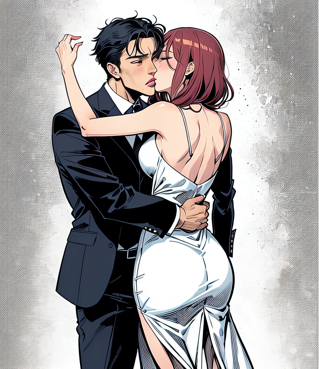 Role, anime, woman face, comic drawing, sensual outfit and dress, appearing full body, a man in a suit kissing her from behind on the neck