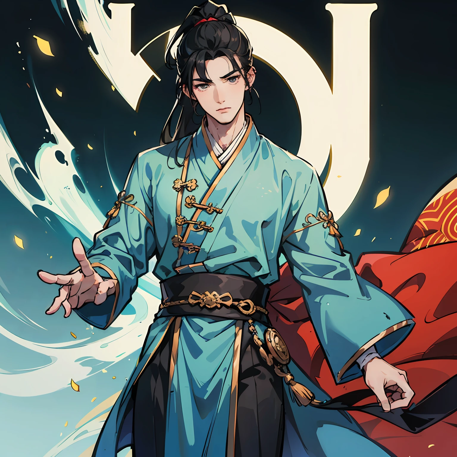 Comics, perfect, high quality, handsome, boy, male, black hair, high ponytail, long sideburns, tall, gray-blue tunic, aura surrounding, Chinese costume --auto