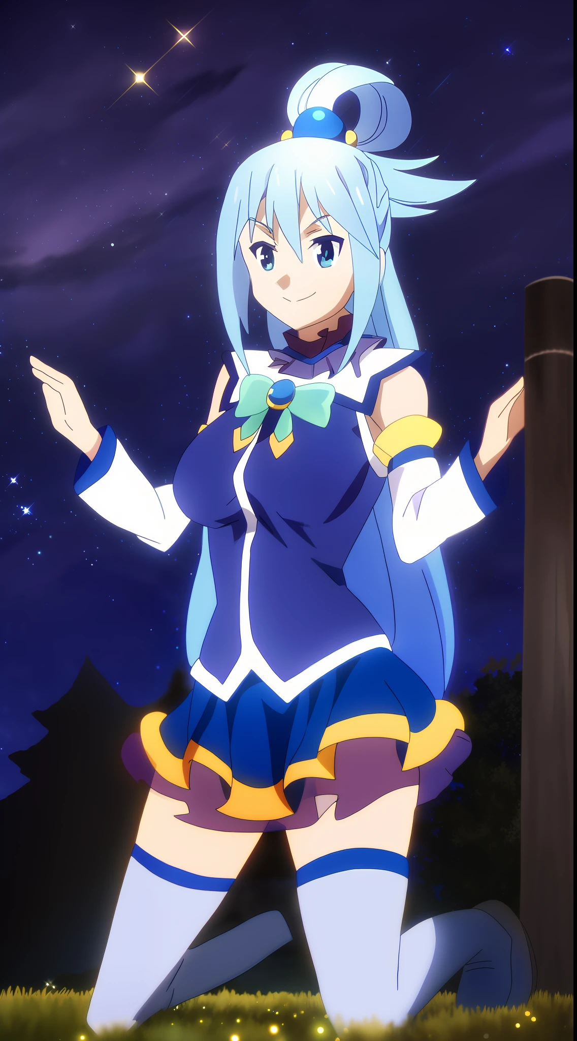 Axel; Aqua, smiling, on her knees; night; stars; sparkle;