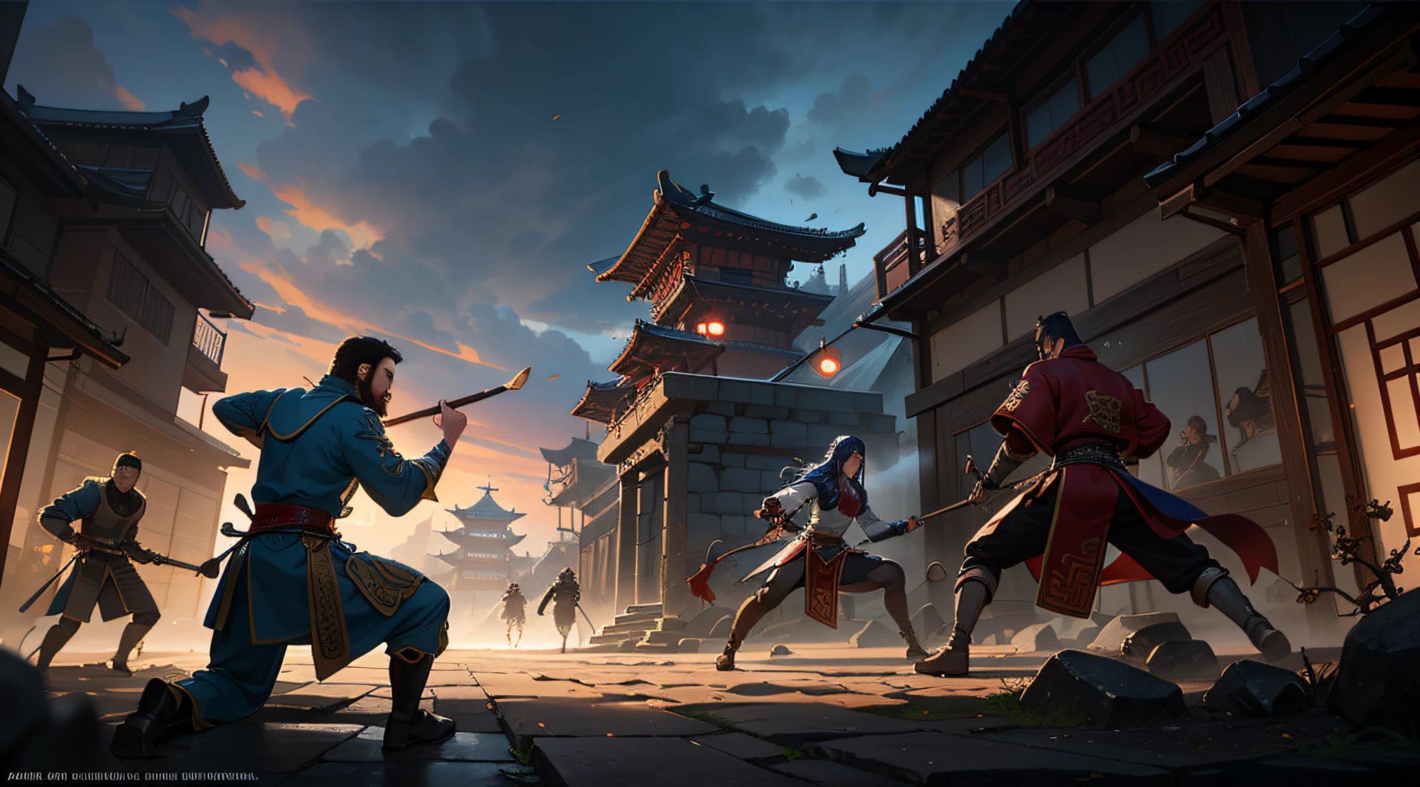 ((Ancient Chinese warriors fighting chaotically on the mountain)), evening, fighting, foreground with your back to the camera Ancient Chinese soldiers, ((Vista of ancient Chinese city gates)), ((Character costumes flowing)), long coats, satin, ((thick painted style))) A row of city walls, an arch in the middle, the empty field under the city gate occupies one-third of the picture, Hongtu Tianxia, Three Kingdoms, National War, Guan Yu, Zhang Fei, Zhuge Liang, Gaze at the enemy, light martial arts style, Flowing, branches, Yang J's concept art, Artstation competition winner, Fantasy art, Tuomas Korpi and WLOP, detailed game art illustration, medieval fantasy game art, honor character concept art, wojtek fus, medieval concept art, detailed game art, night battle raging behind him, dramatic concept art,