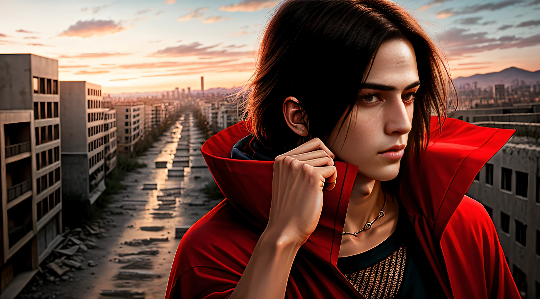 RAW photo, a rough portrait of uchiha itachi in deserter's clothes, long haircut, pale skin, slim body, background of city ruins (highly detailed skin: 1.2), 8k uhd, dslr, soft lighting, high quality, film grain, Fujifilm XT3